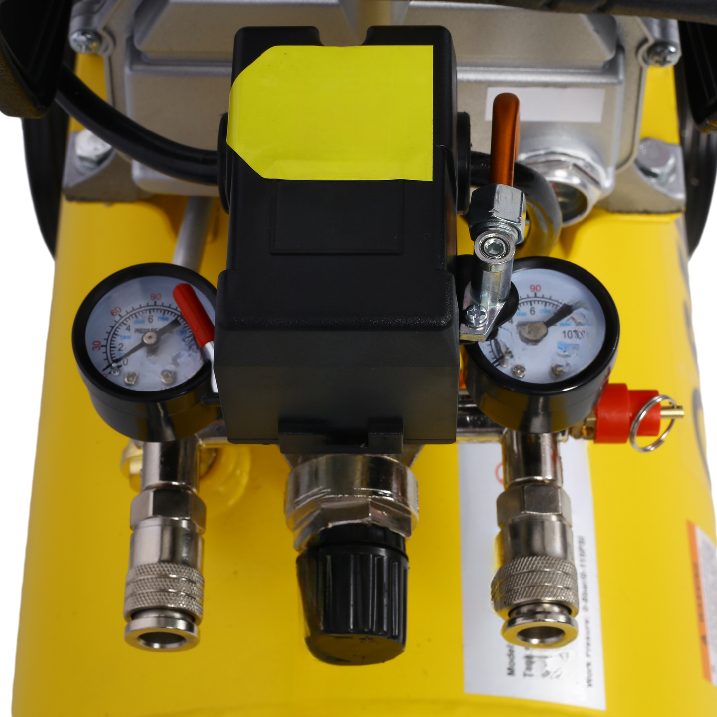 Yellow air compressor regulator with pressure gauges showing  PSI