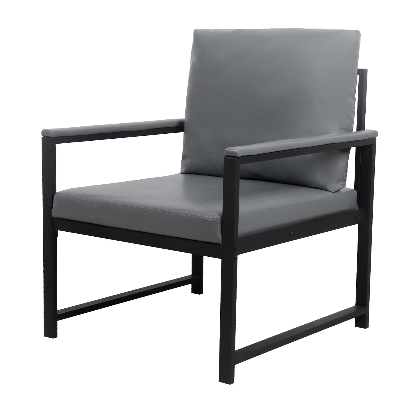 Modern grey faux leather accent chair with black metal frame