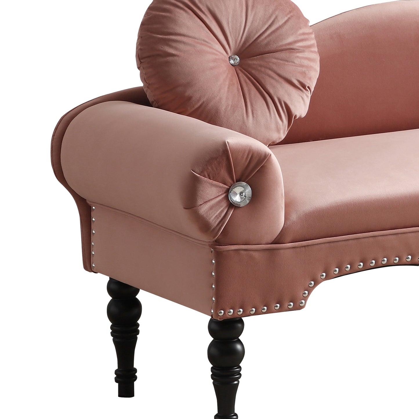 Dusty rose velvet chaise lounge with tufted round cushion and silver nailhead trim