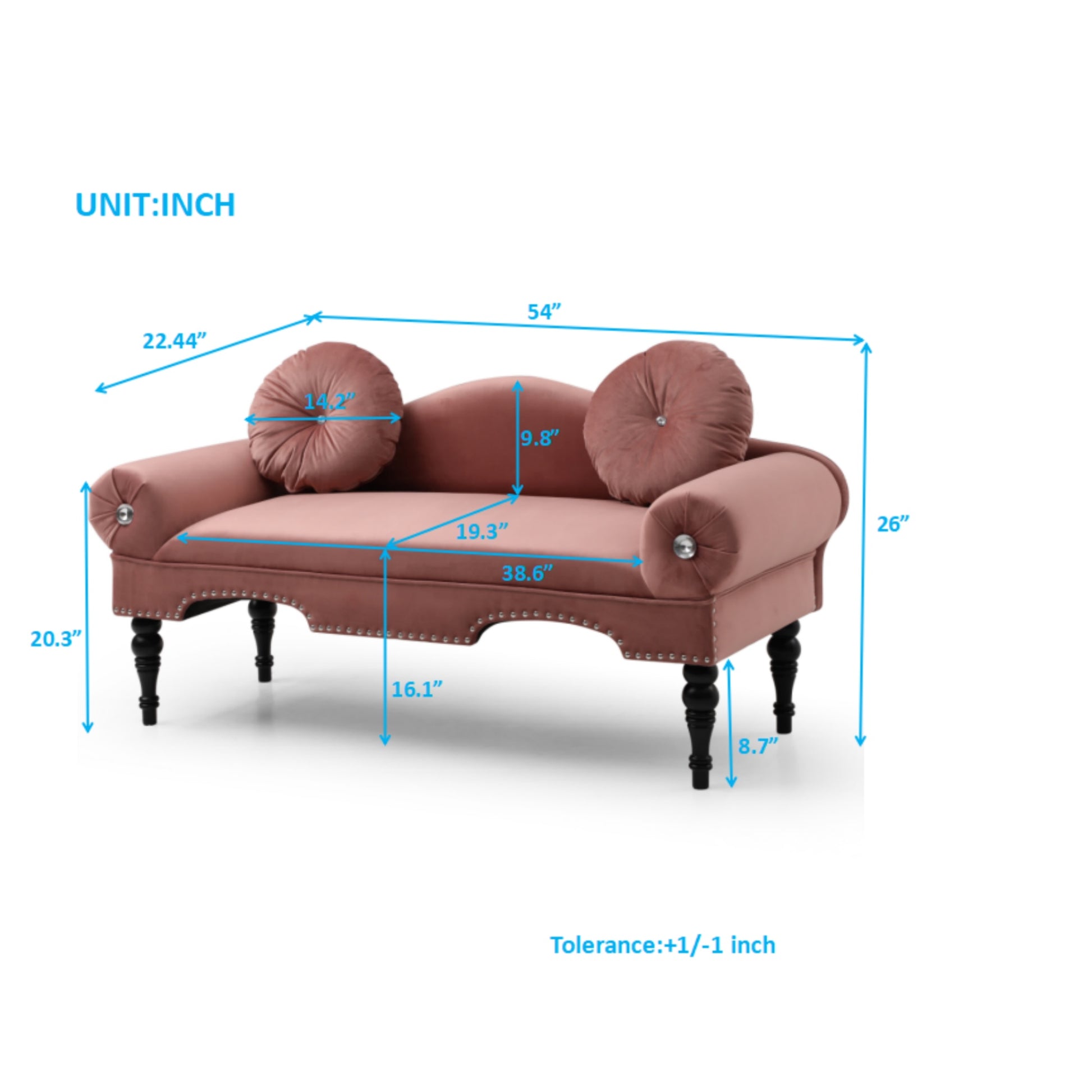 Elegant dusty rose velvet chaise lounge with tufted round pillows and silver nailhead trim