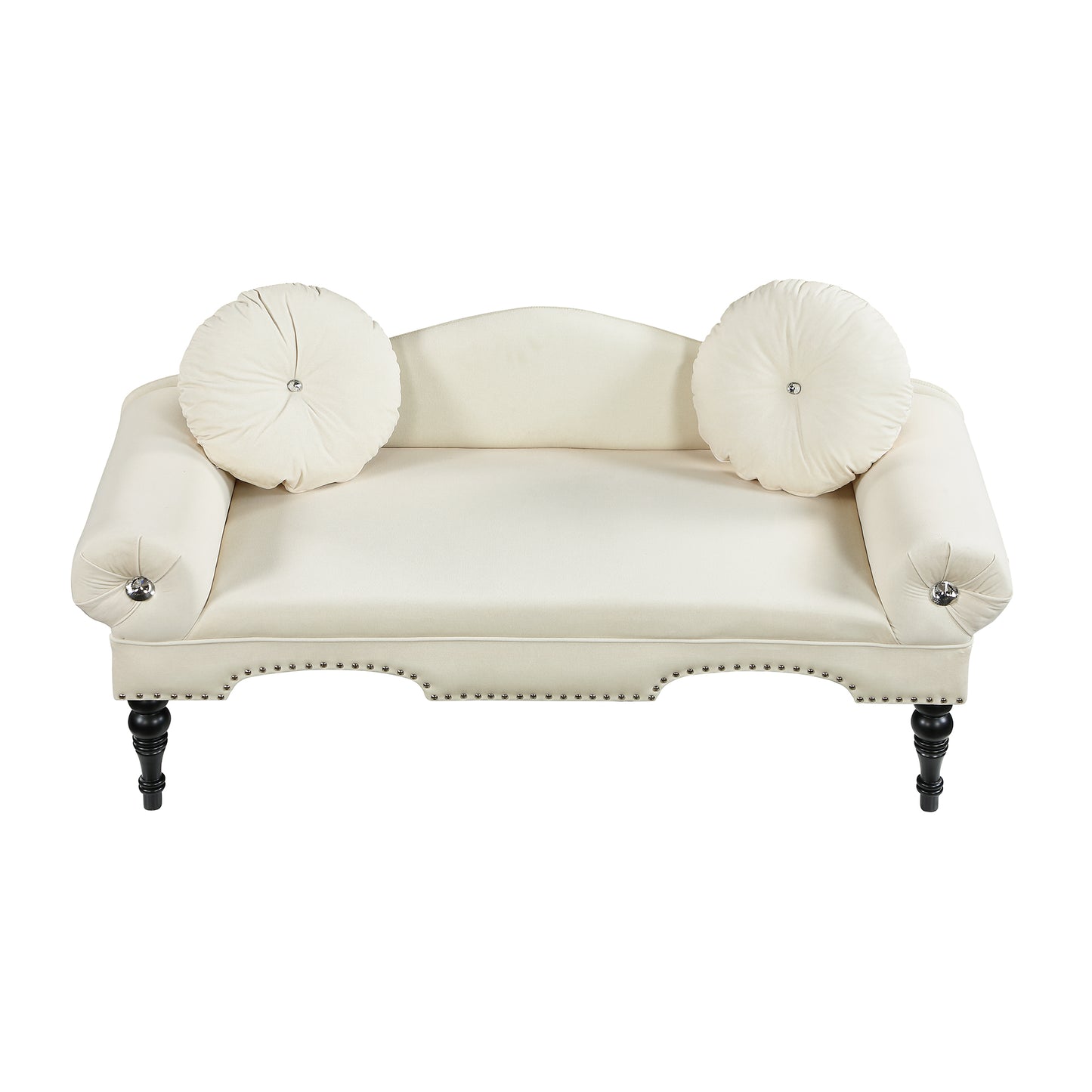 Elegant cream fabric loveseat with crystal button tufting and decorative nailhead trim