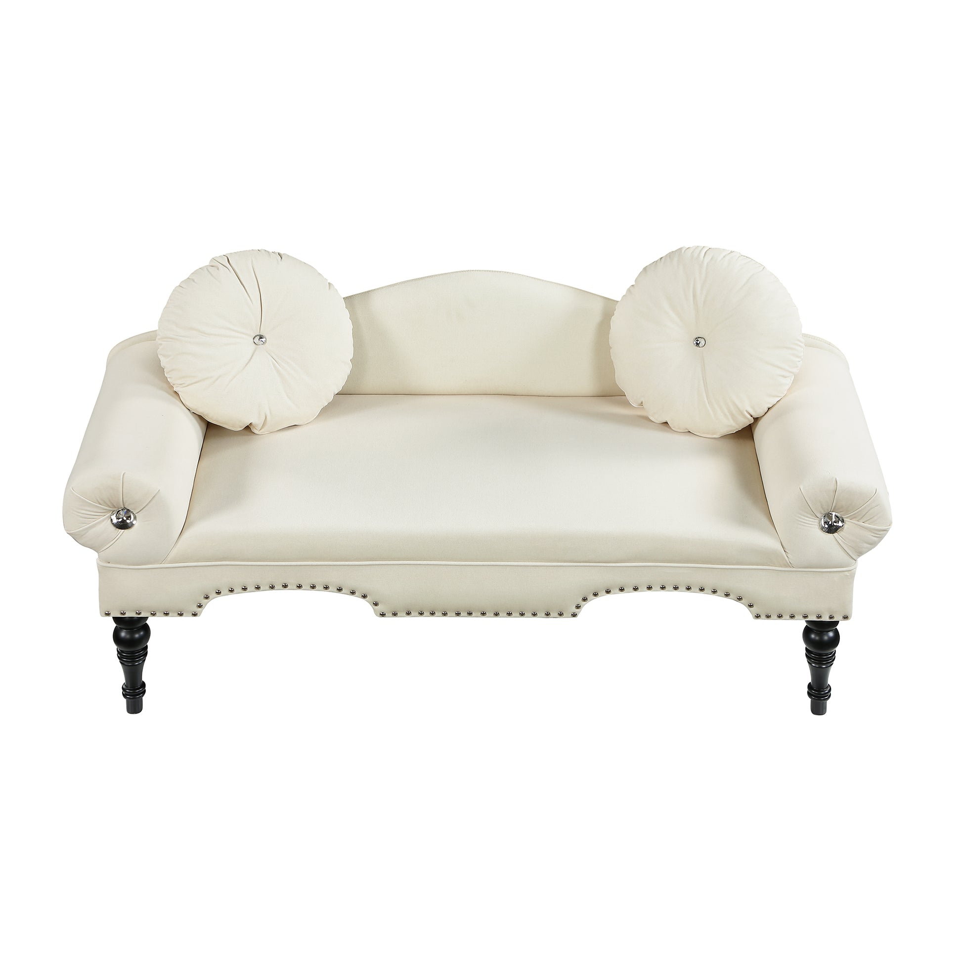 Elegant cream fabric loveseat with crystal button tufting and decorative nailhead trim