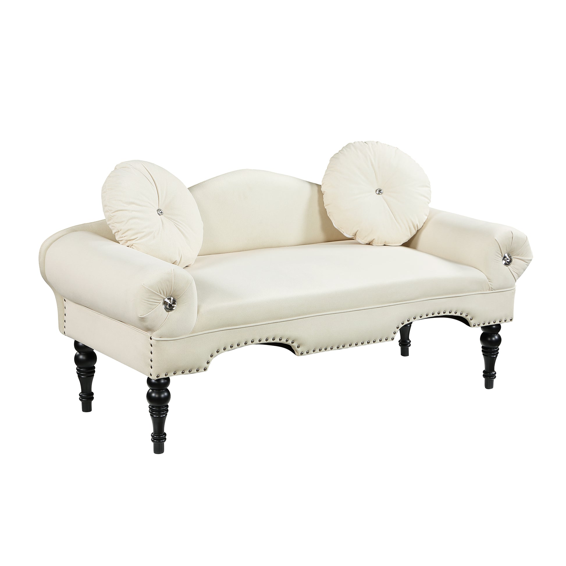 Cream velvet chaise lounge with ornate black legs and decorative silver nailhead trim