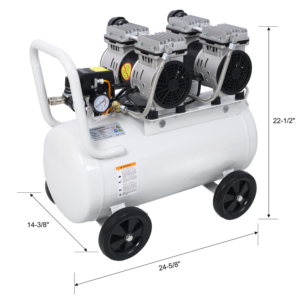 White portable air compressor with four silver motors and black wheels for industrial use