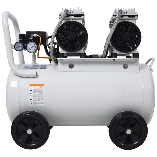White twincylinder air compressor with two pressure gauges and black wheels