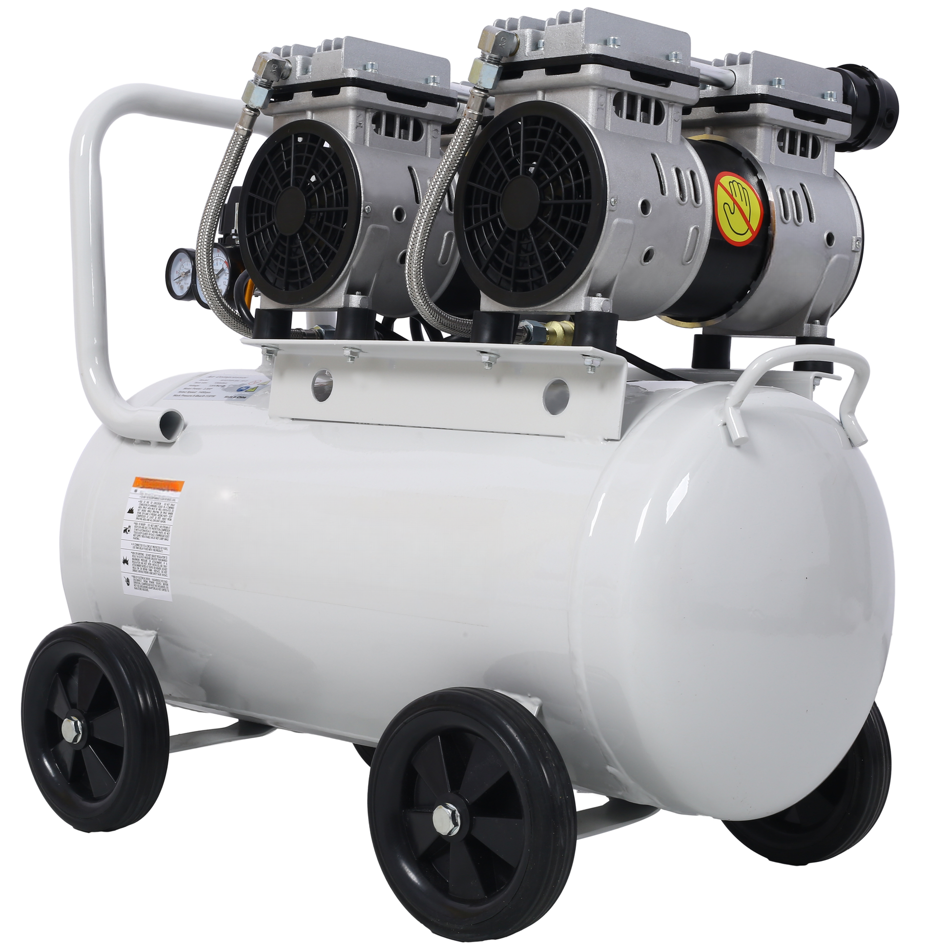 White dualmotor portable air compressor with wheels and pressure gauge