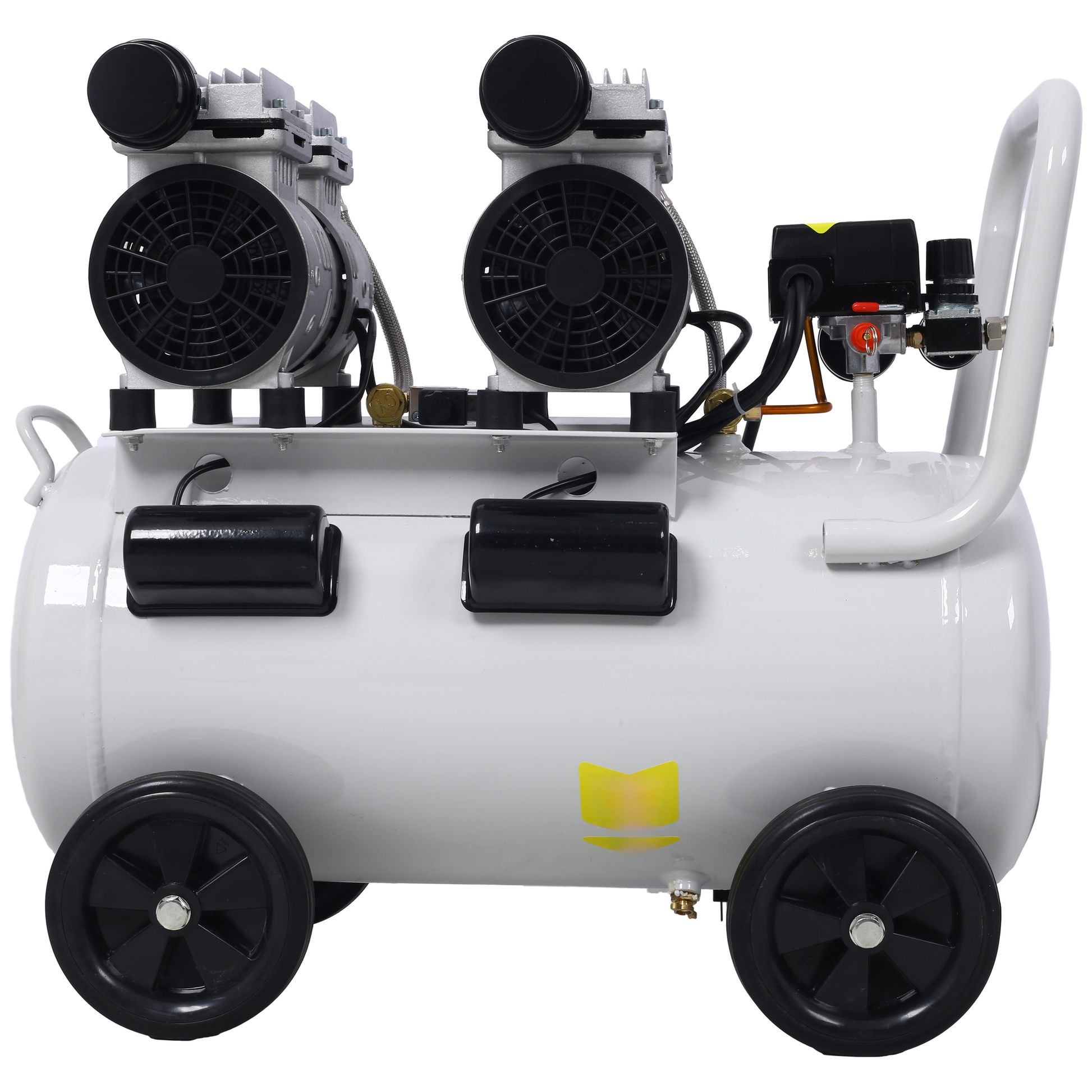 White portable dualpiston air compressor with black wheels and silver motor housings for DIY projects
