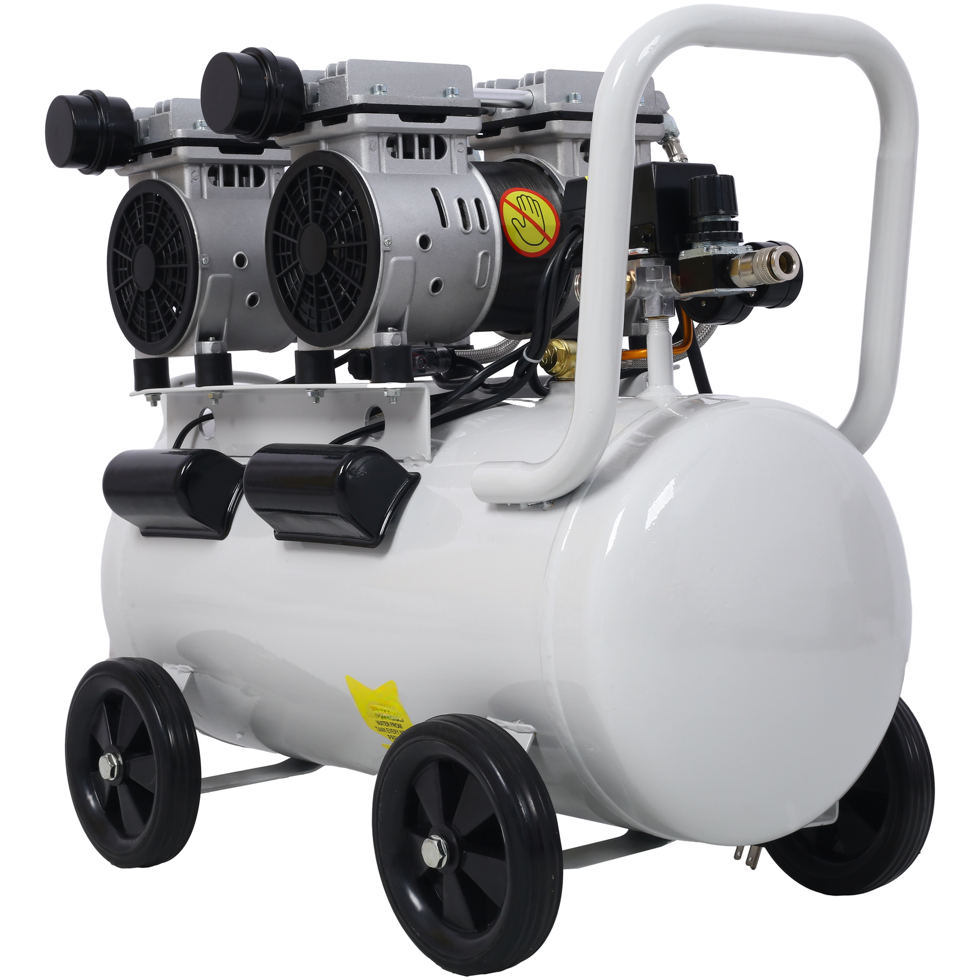 White twincylinder oilfree air compressor with portable handle and wheels