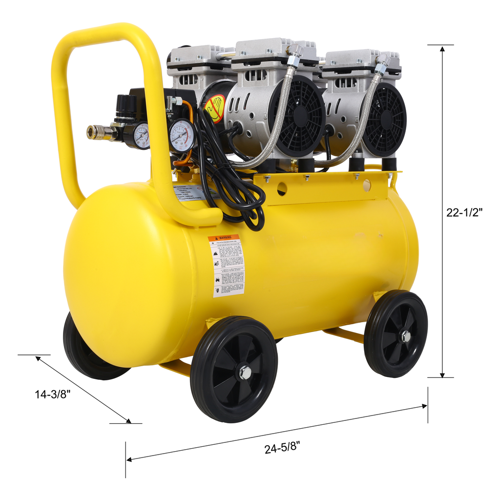 Yellow dualmotor portable air compressor with gauges and wheels