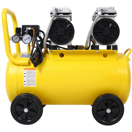 Yellow dualmotor air compressor with two pressure gauges and portable wheels ideal for workshop use