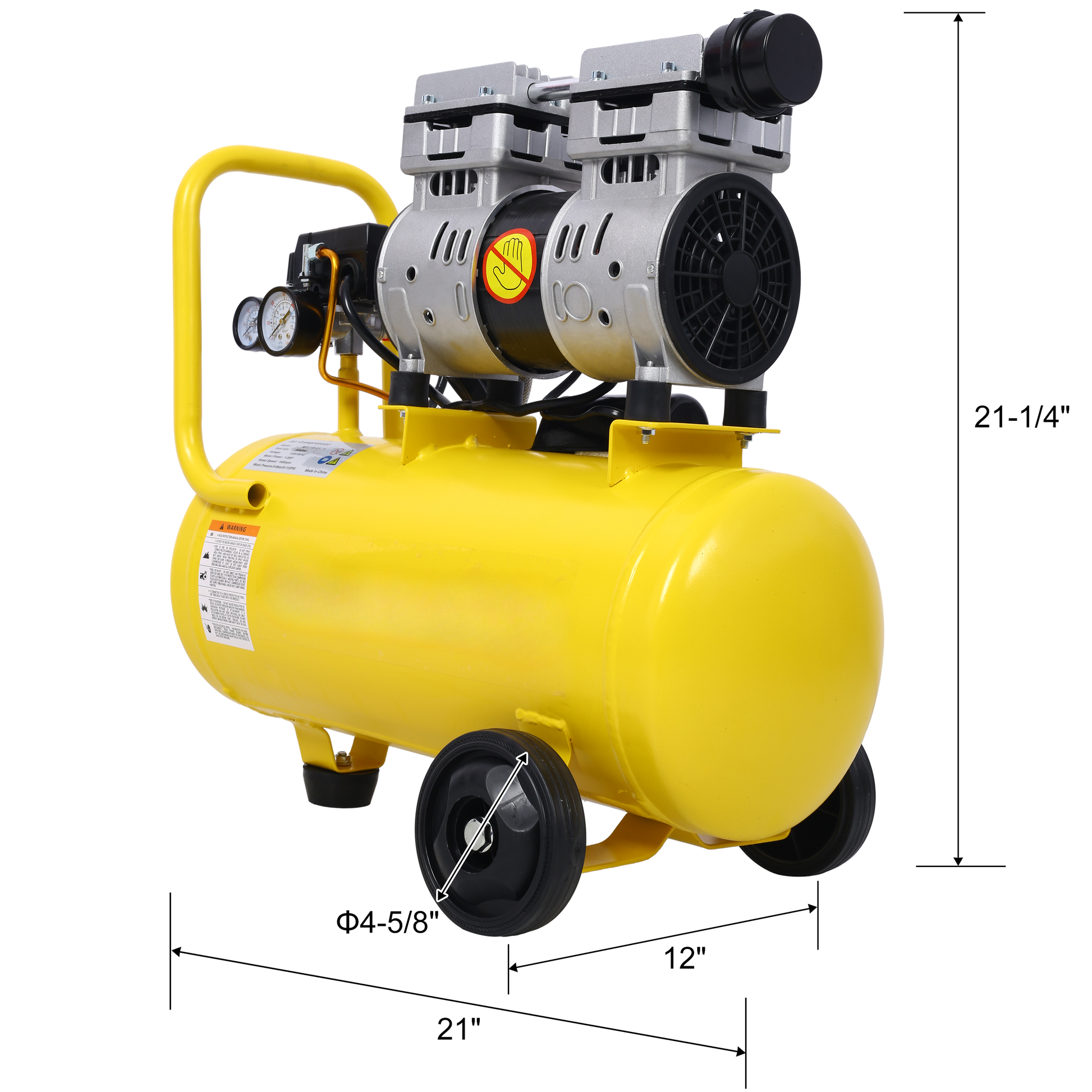 Yellow portable twincylinder air compressor with two gauges and carrying handle