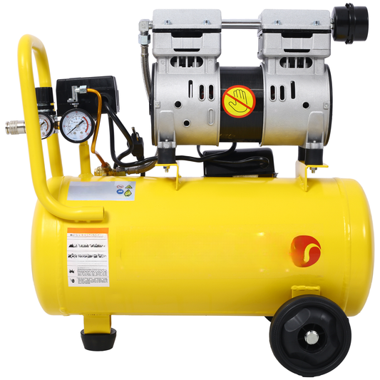 Yellow portable air compressor with dual gauges and a handle