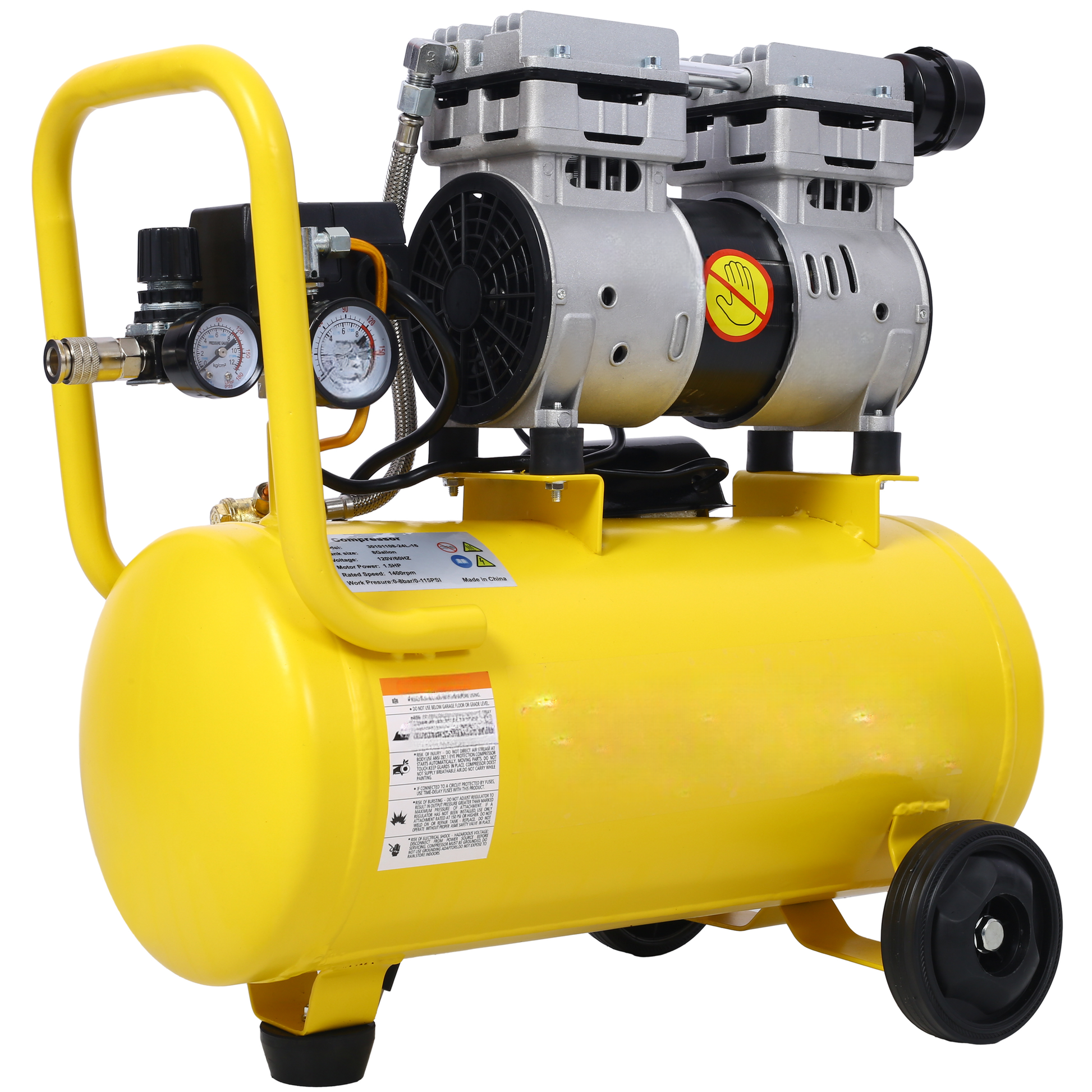 Yellow portable dualcylinder air compressor with gauge and handle