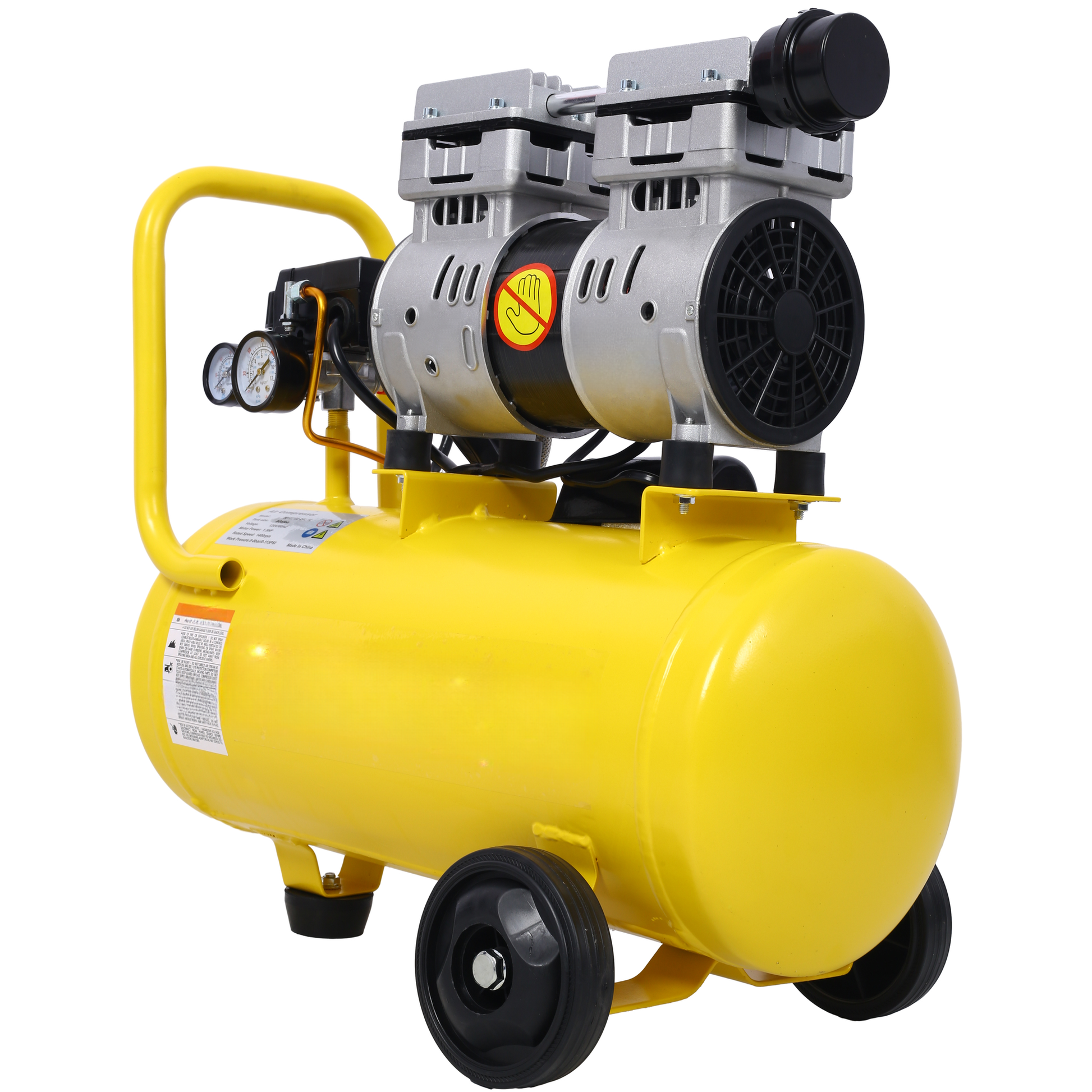Yellow portable air compressor with dual silver motors and pressure gauges