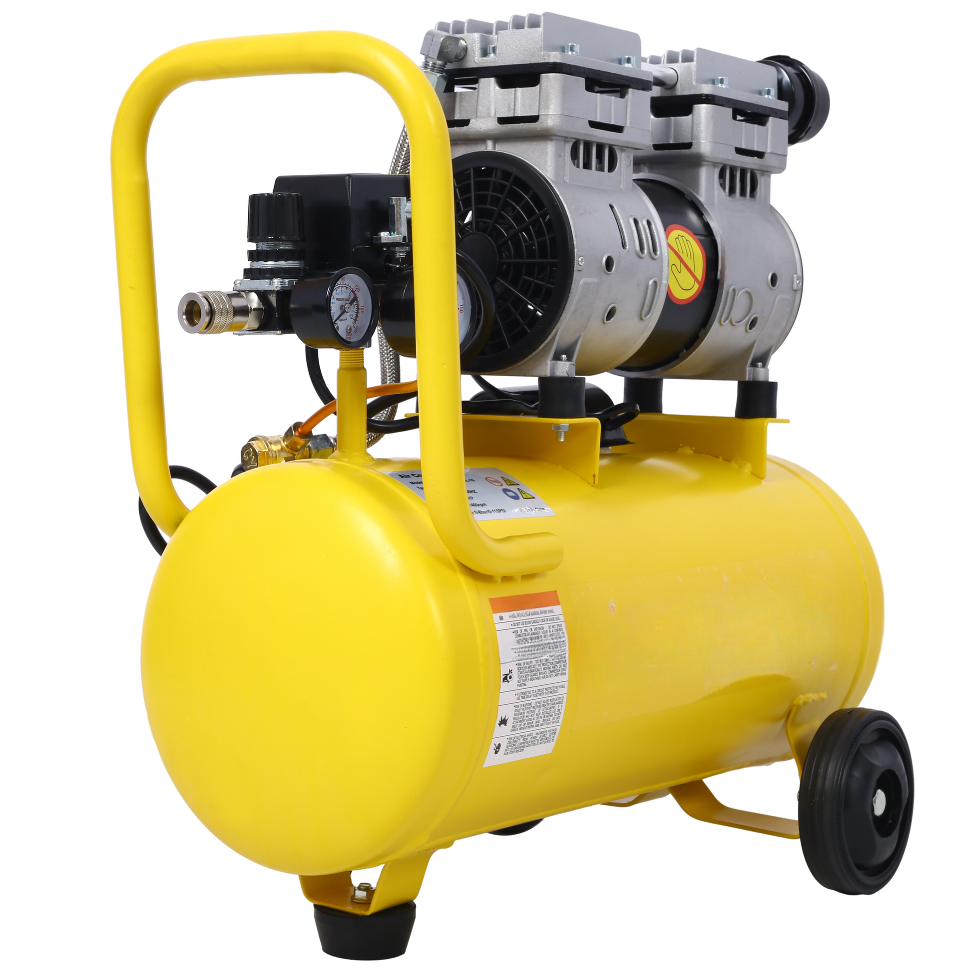 Yellow portable air compressor with dual metal tanks and two wheels for mobility