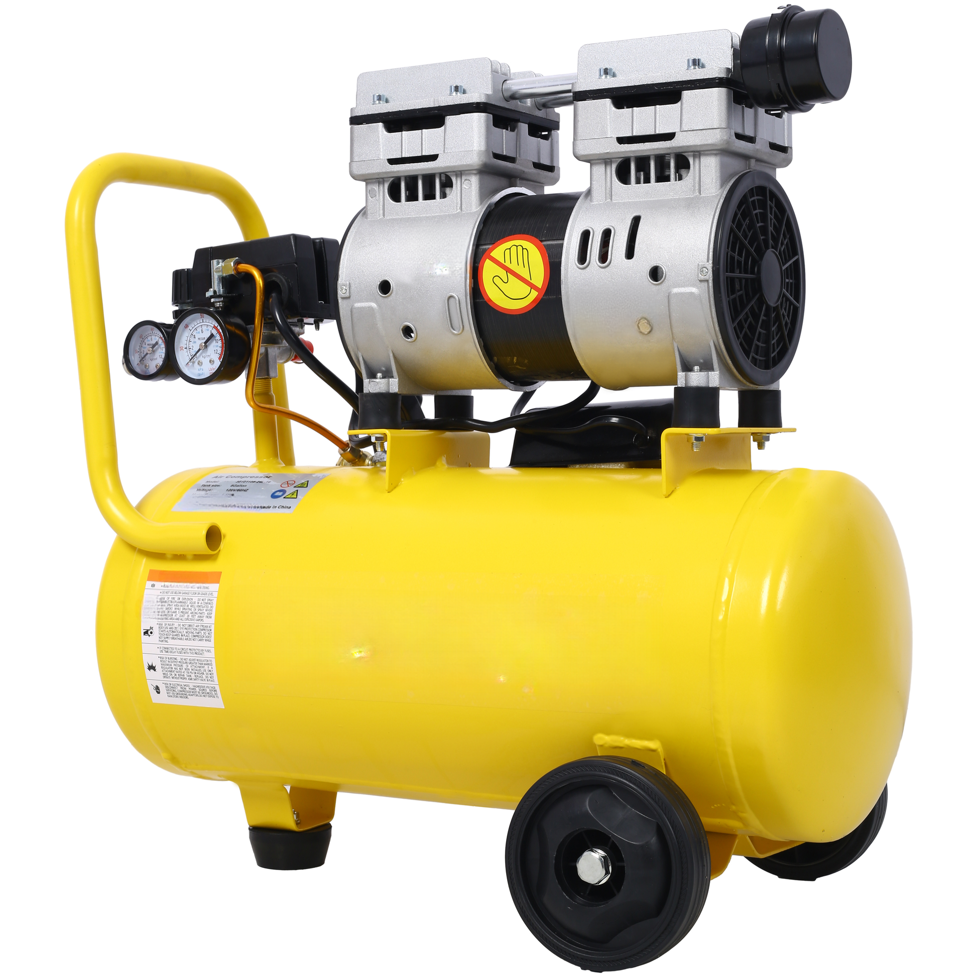 Yellow portable air compressor with dual silver motors and pressure gauges ideal for DIY projects