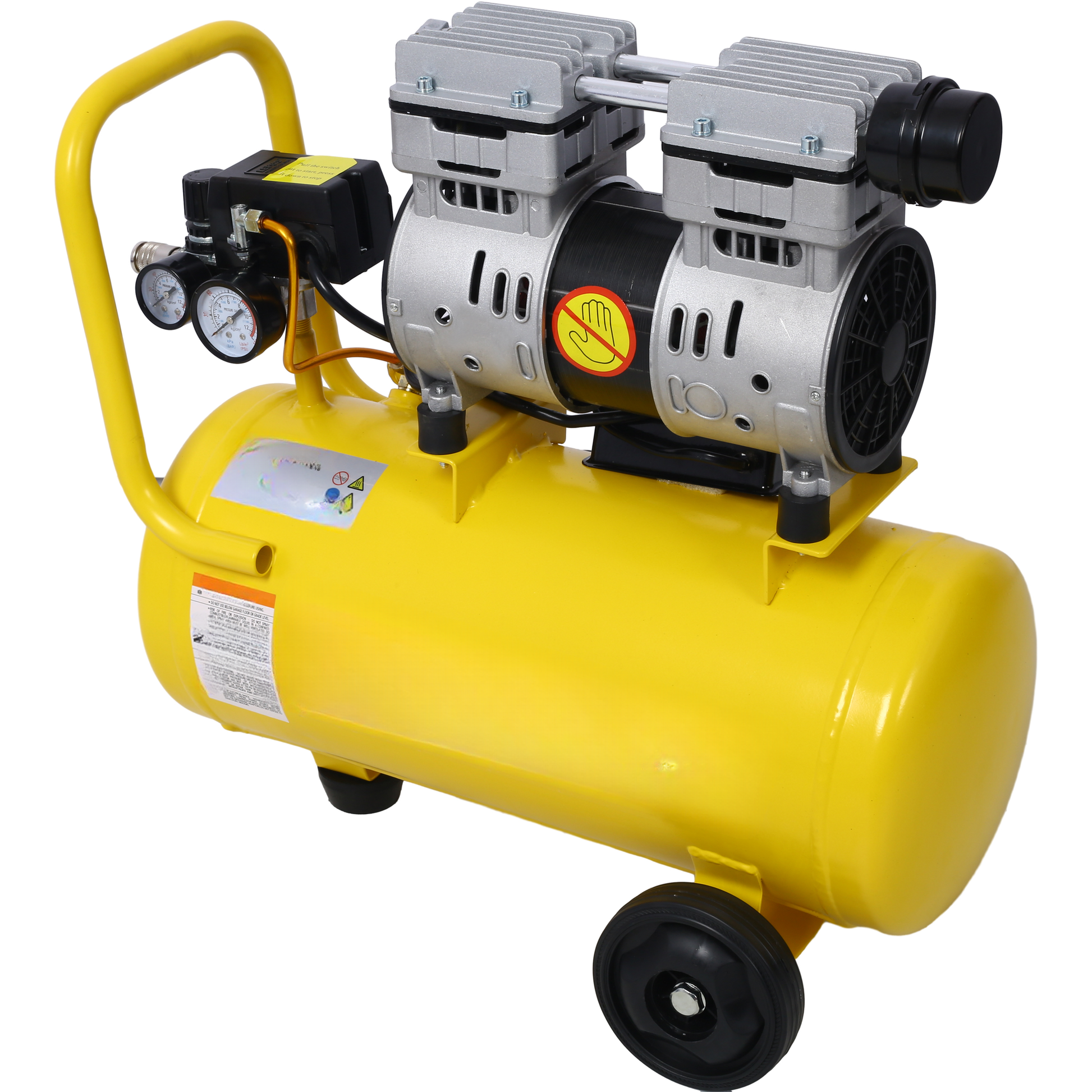 Yellow twincylinder air compressor with two pressure gauges and wheels for easy transport