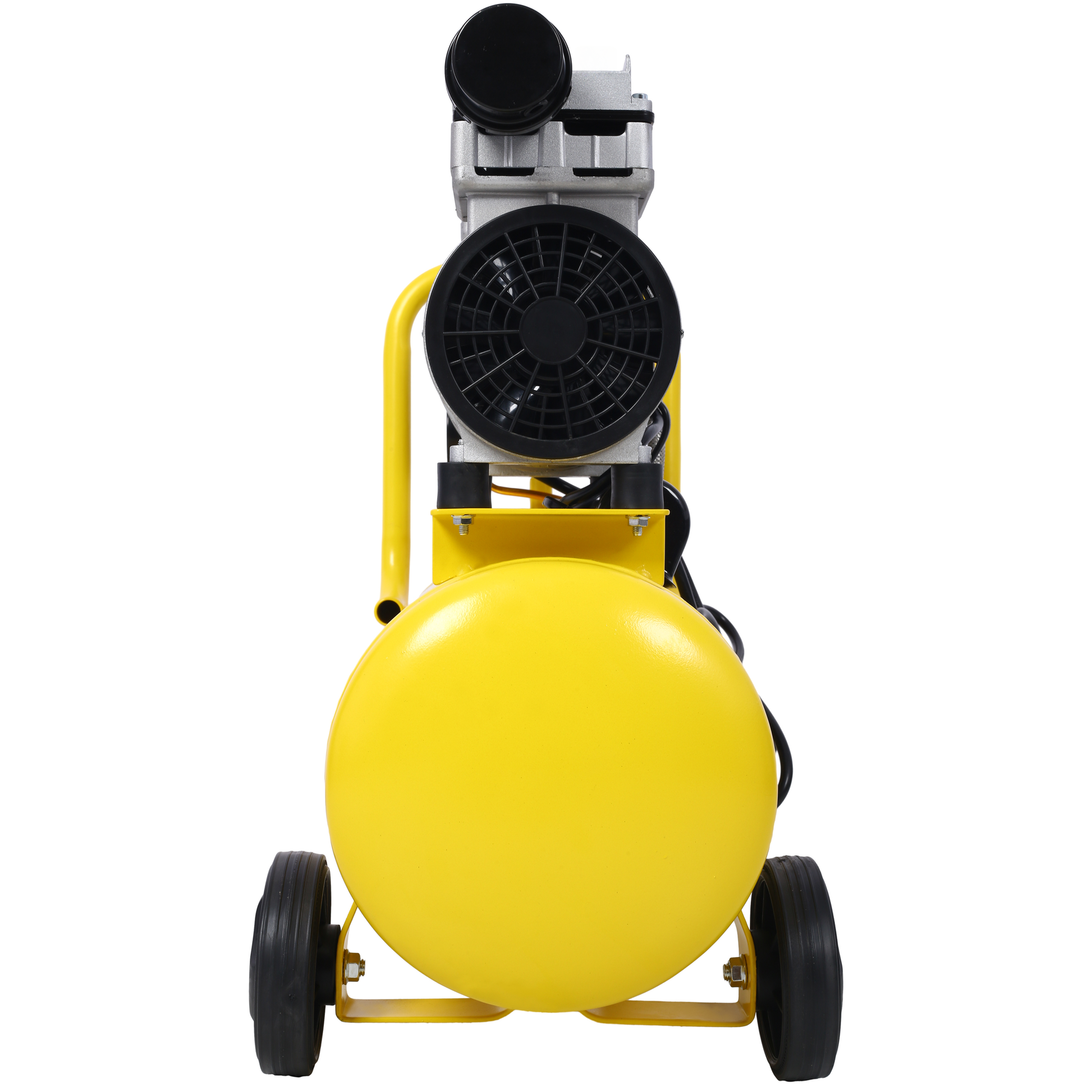 Yellow portable air compressor with black wheels and fan grill