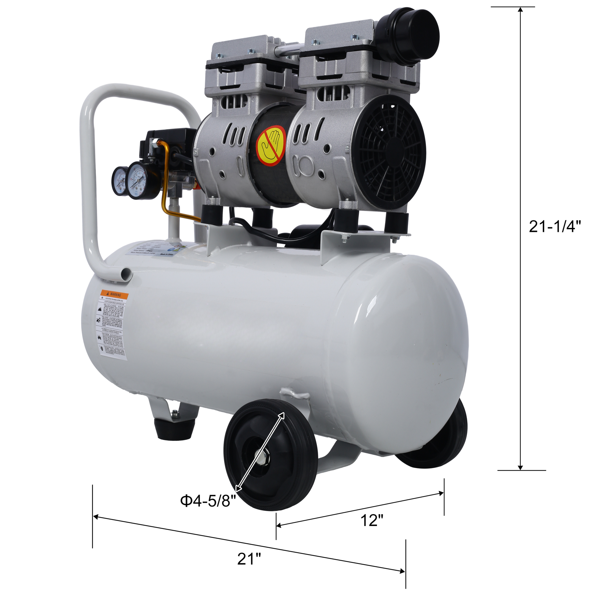 White dualmotor portable air compressor with two pressure gauges  height