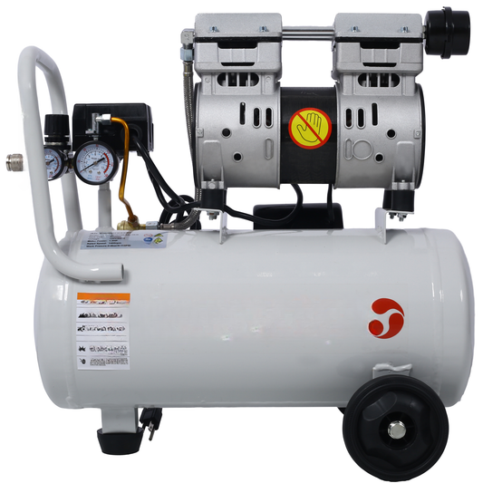 White portable air compressor with dual gauges and wheels ideal for DIY projects