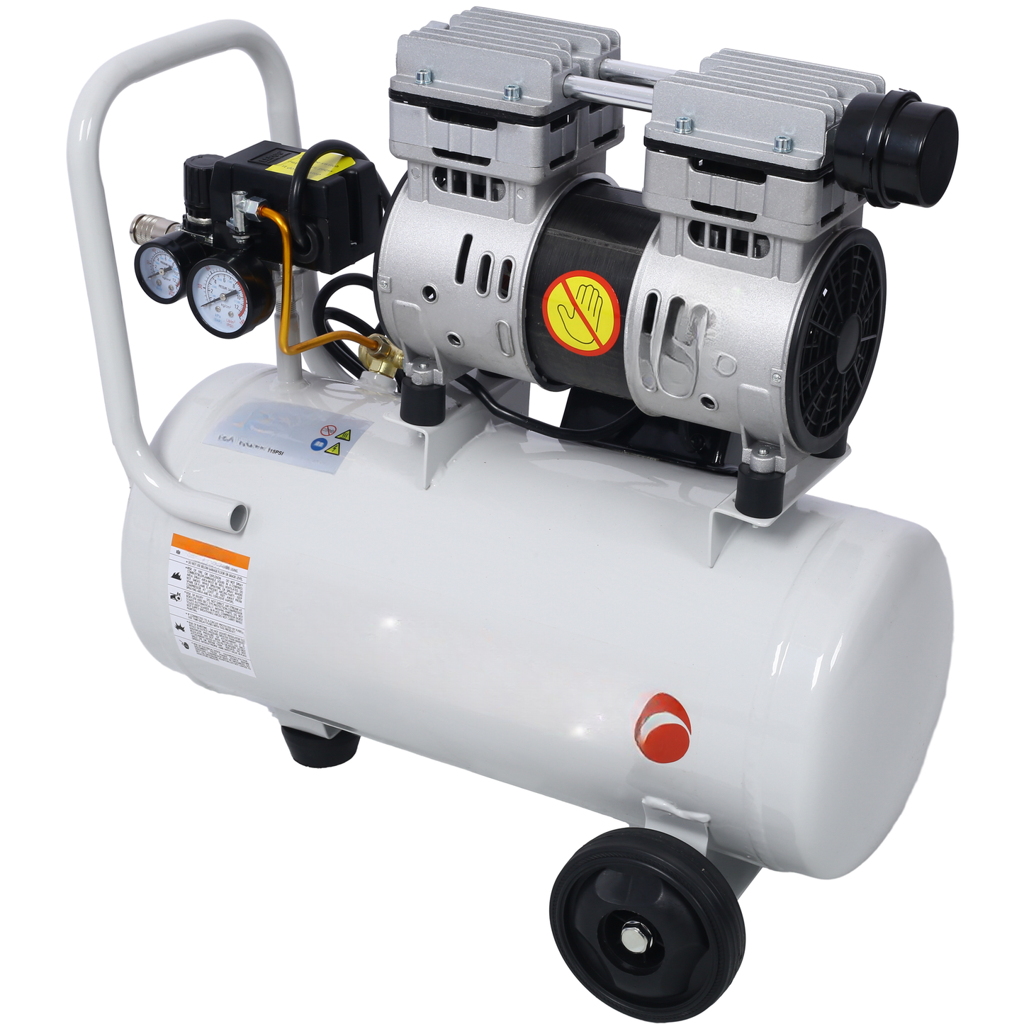 White portable air compressor with dual silver motors and pressure gauges