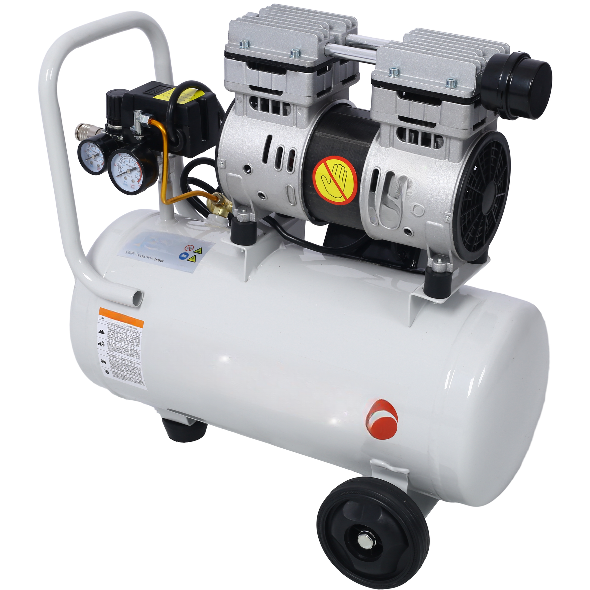White portable air compressor with dual silver motors and pressure gauges