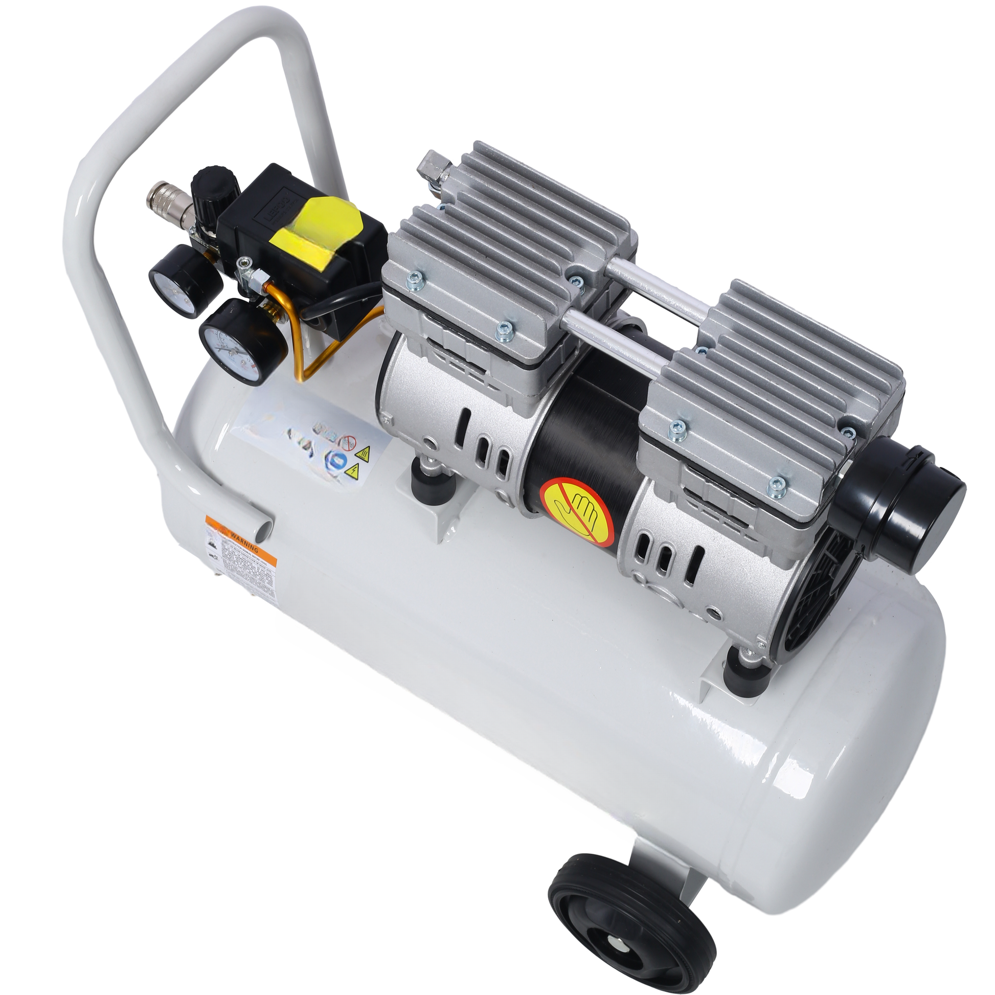 White portable air compressor with dual aluminum cylinder heads and pressure gauges