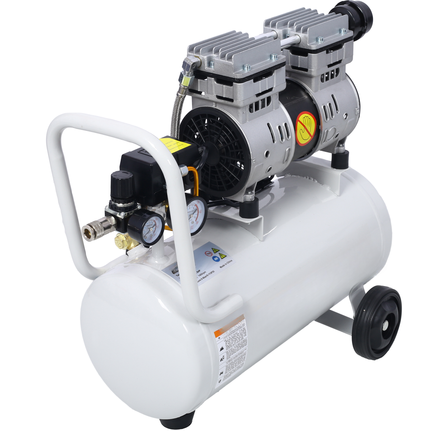 Portable white air compressor with dual silver cylinders and pressure gauges for home DIY