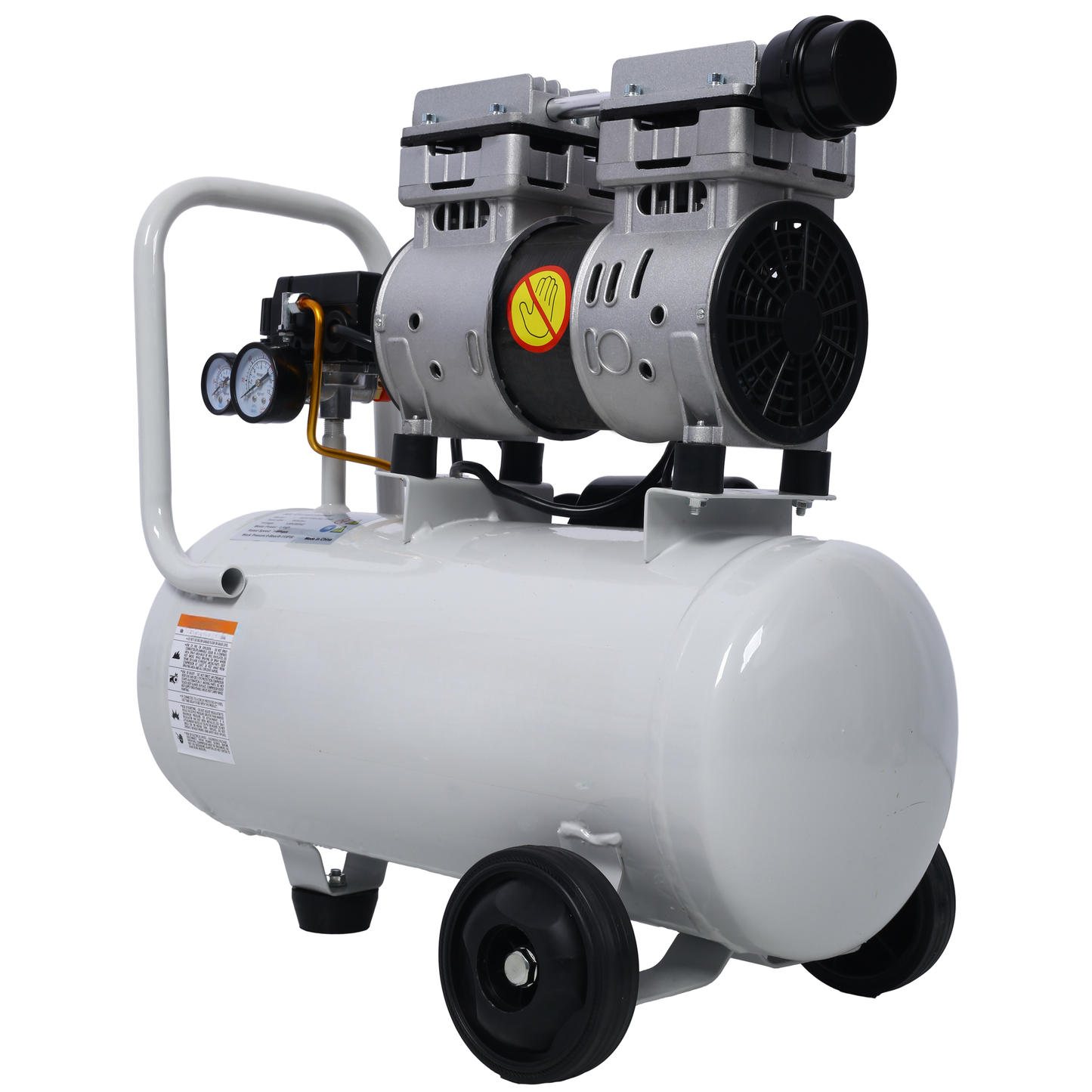 Compact white dualpiston air compressor with gauges and wheels ideal for DIY projects