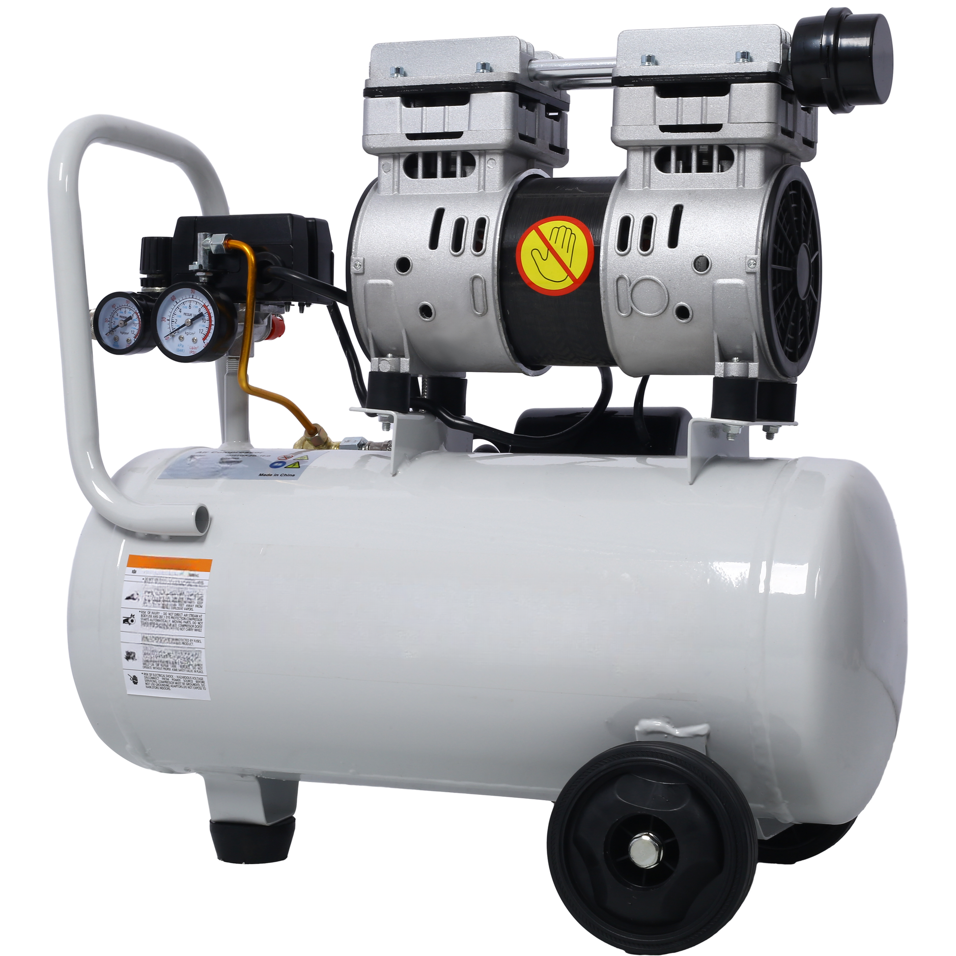 Portable electric air compressor with dual silver motors and a white gallon tank ideal for DIY projects