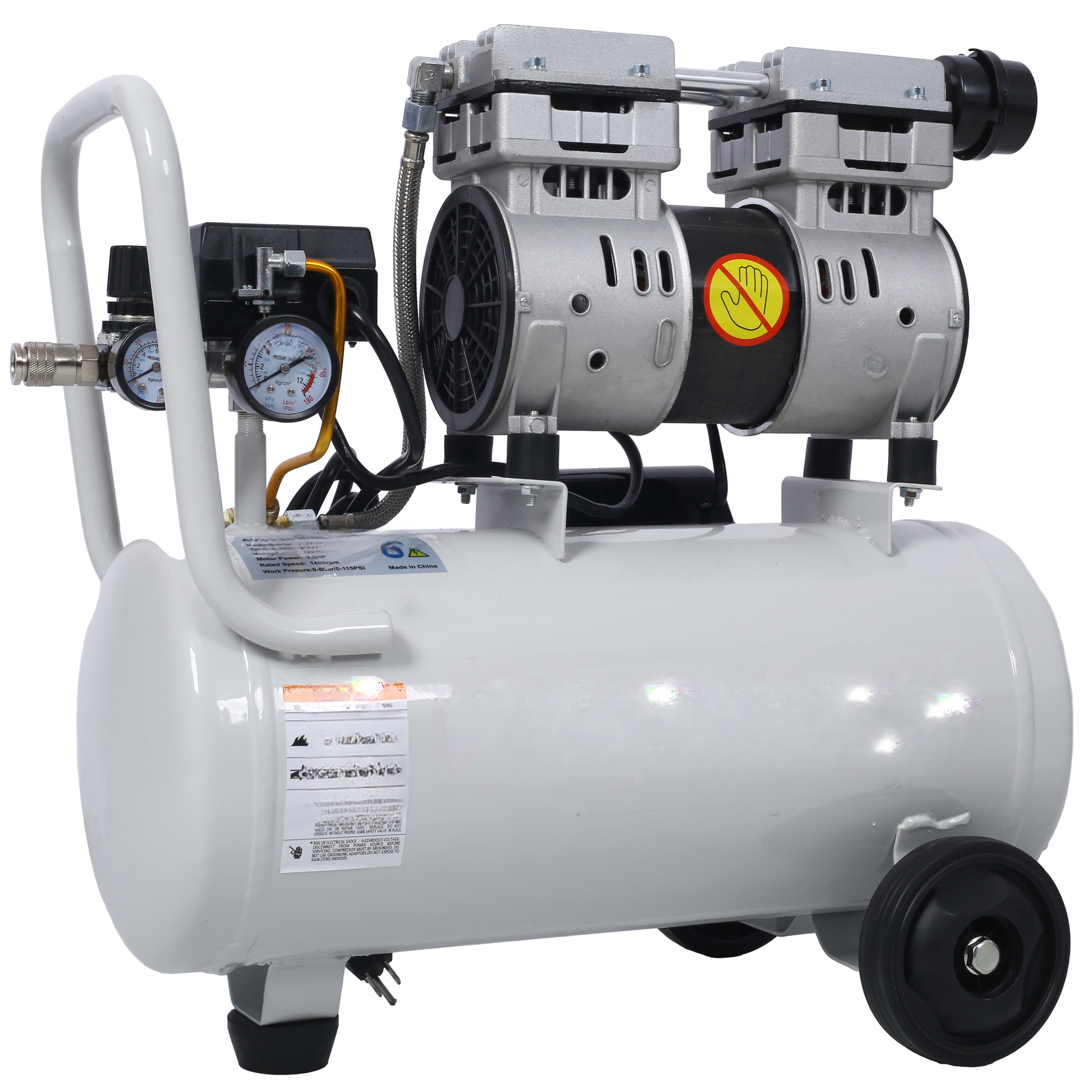 Compact white air compressor with dual silver motors and pressure gauges for easy monitoring