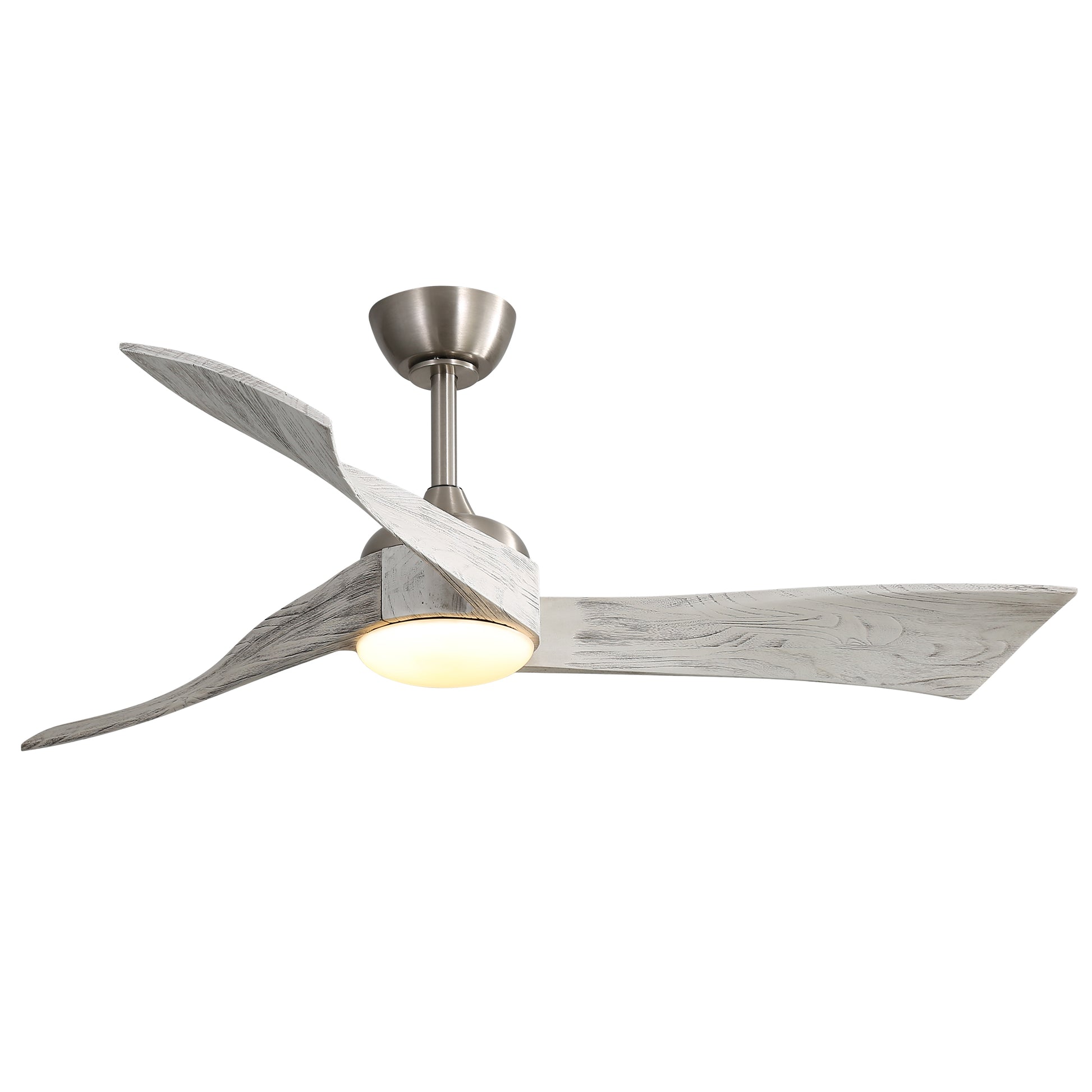 Modern brushed nickel ceiling fan with distressed white wood blades and integrated LED light