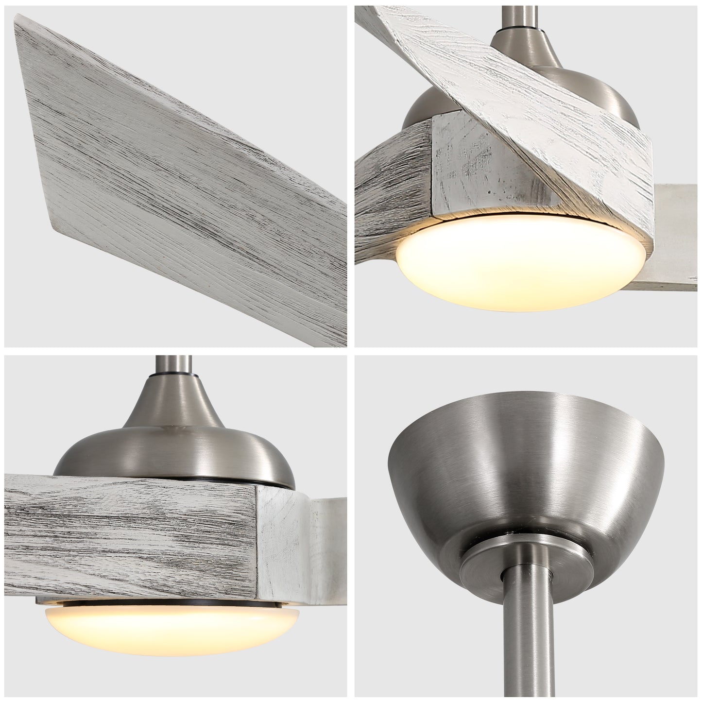 Distressed white wood blade detail on a modern ceiling fan with brushed nickel hardware