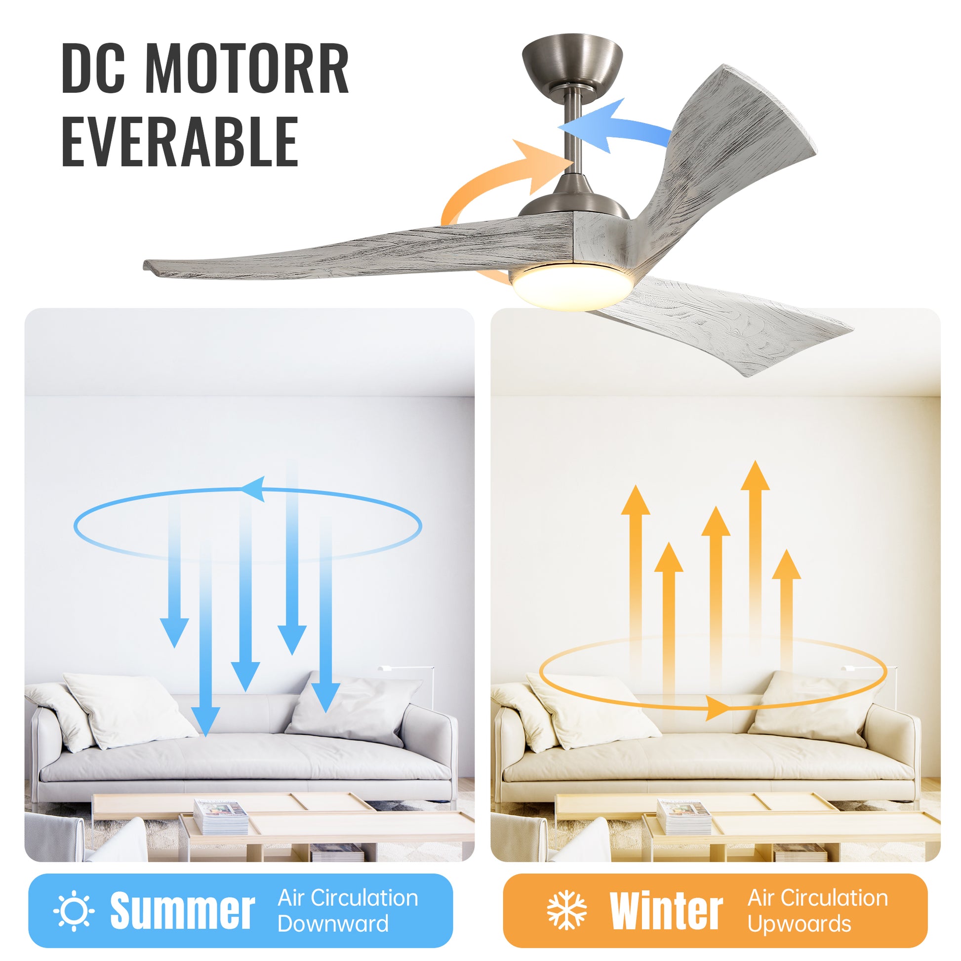 Modern DC motor ceiling fan with whitewashed woodlook blades