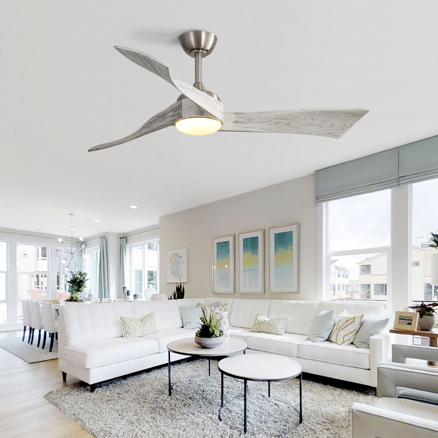 Modern brushed nickel ceiling fan with distressed white wood blades and integrated LED light
