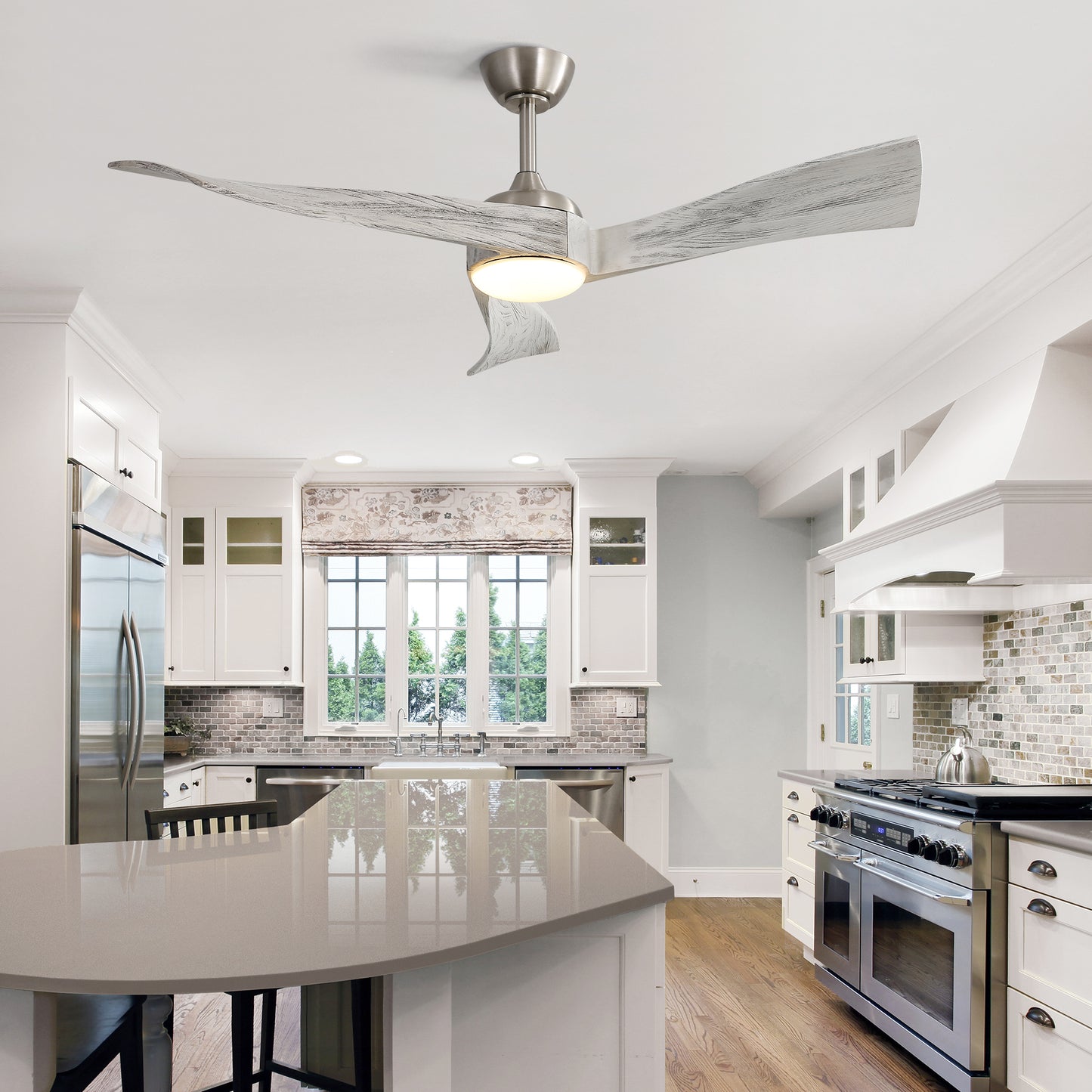 Modern farmhouse ceiling fan with distressed white wood blades and integrated LED light