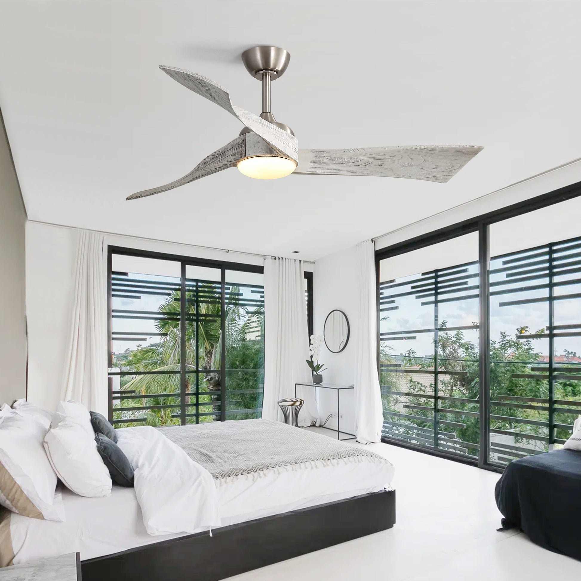 Modern ceiling fan with twisted white woodlook blades and integrated light