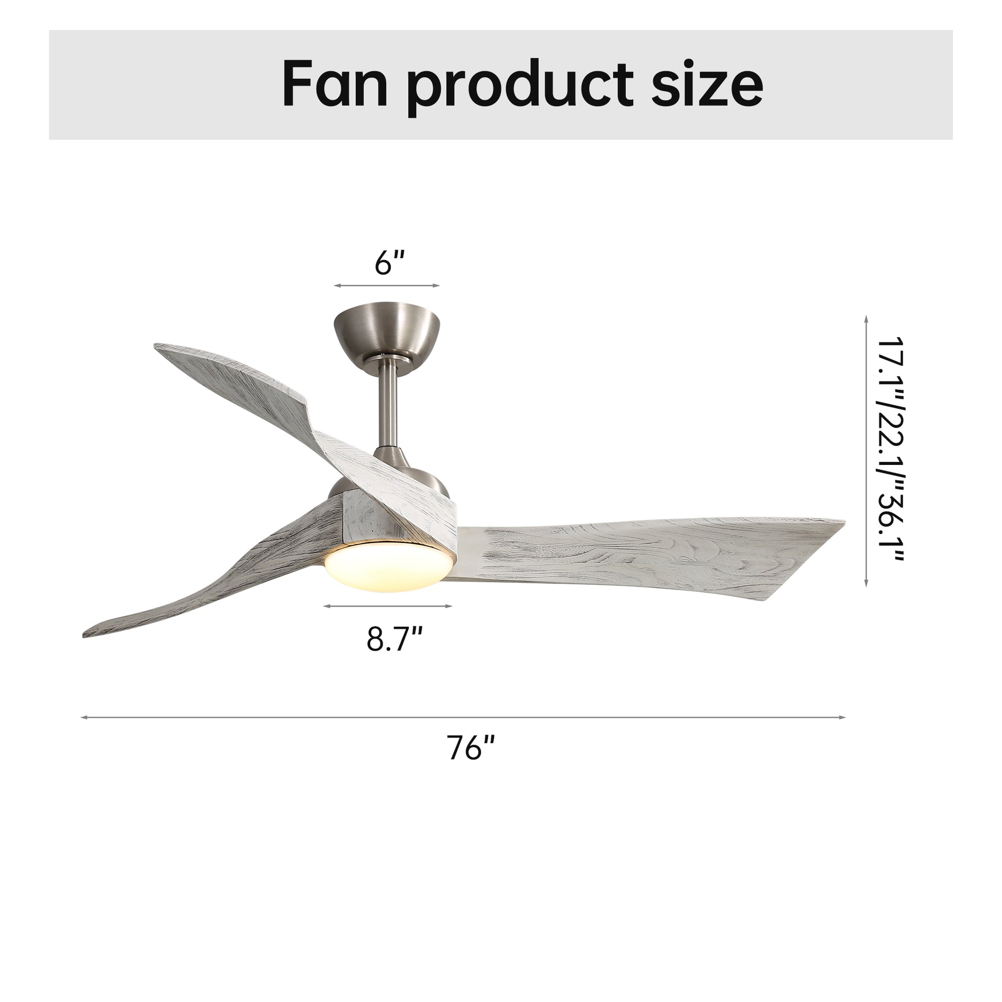 Rustic white wood ceiling fan with integrated LED light and brushed nickel hardware