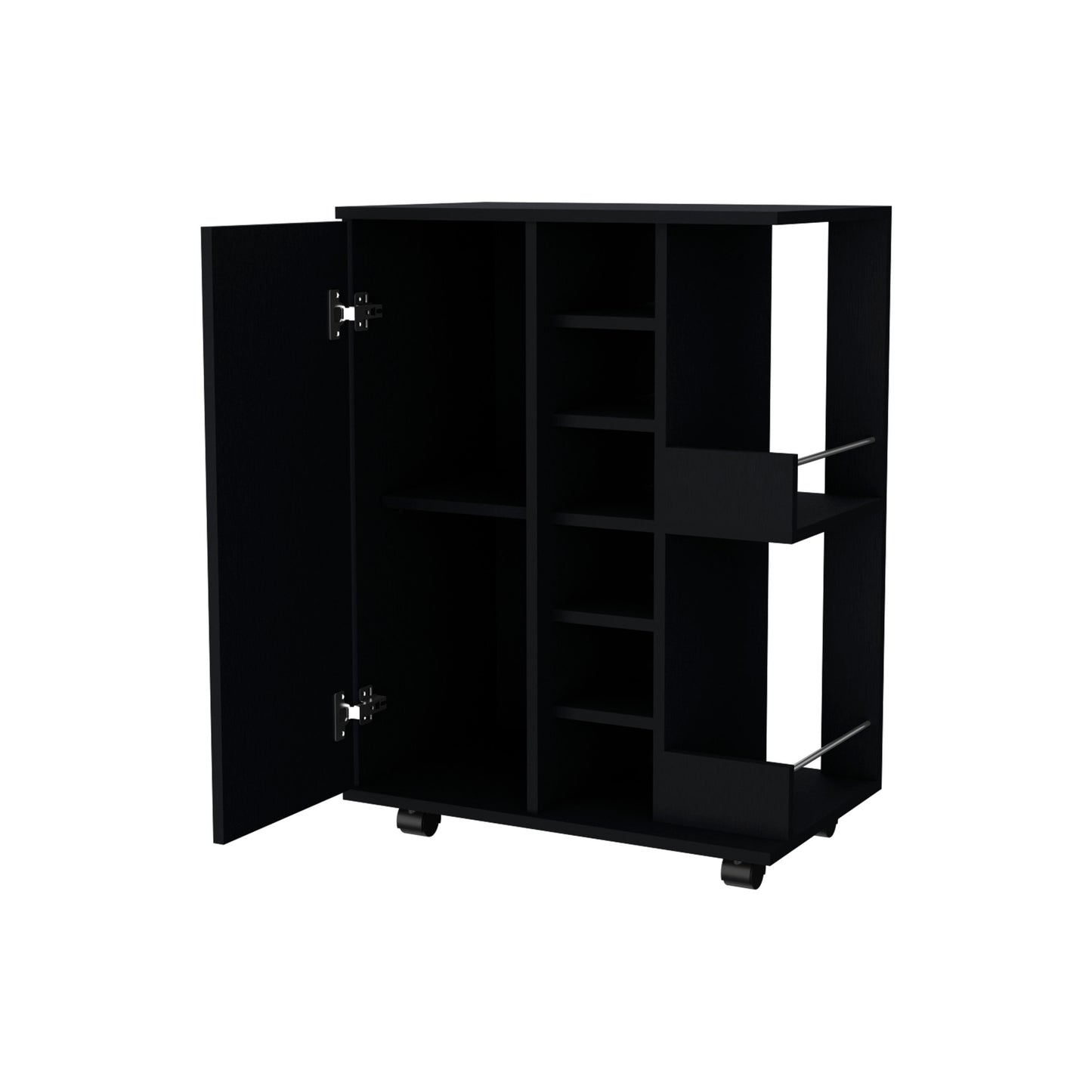 Black bar cart with open cabinet door and interior shelves