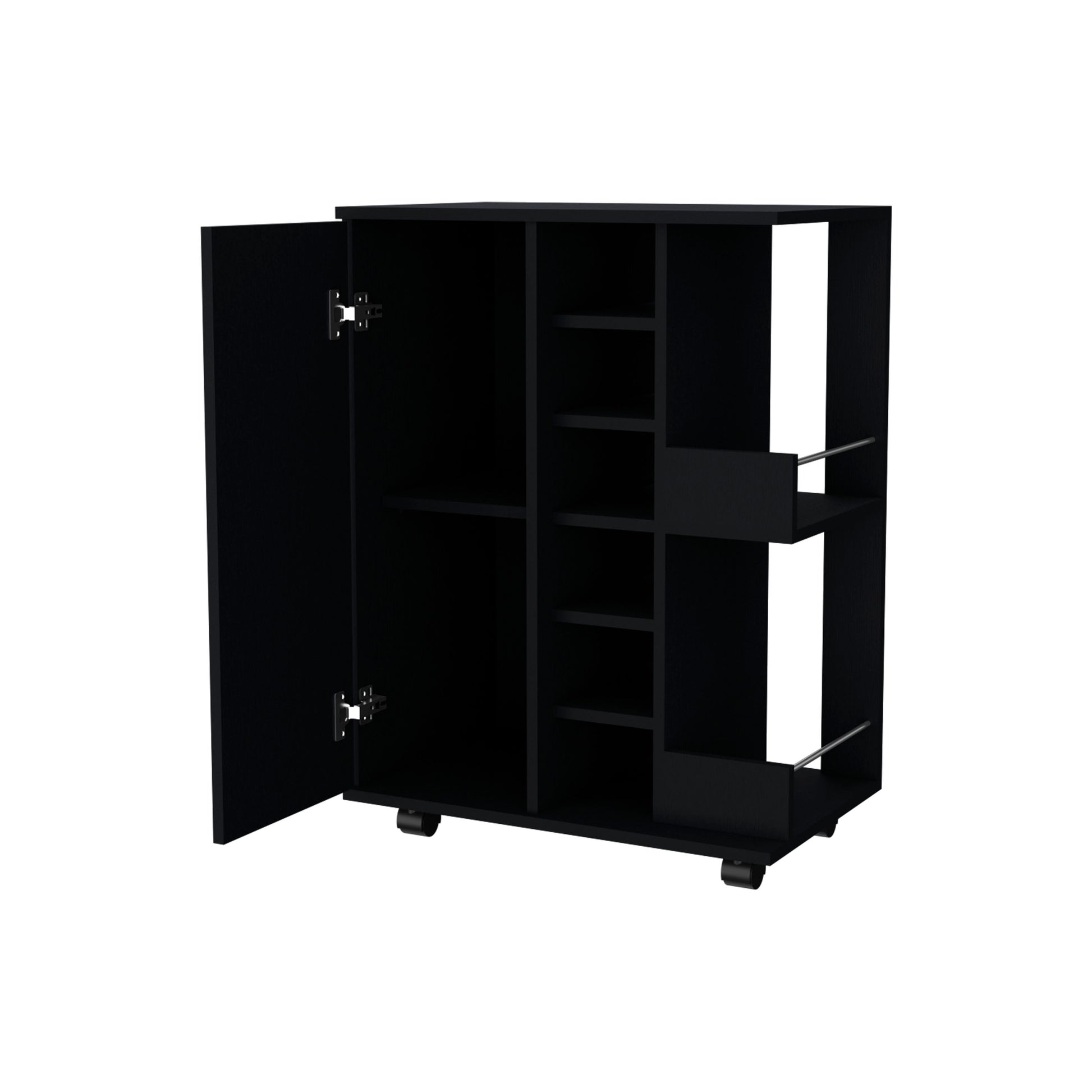 Black bar cart with open cabinet door and interior shelves