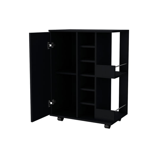 Black bar cart with open cabinet door and interior shelves