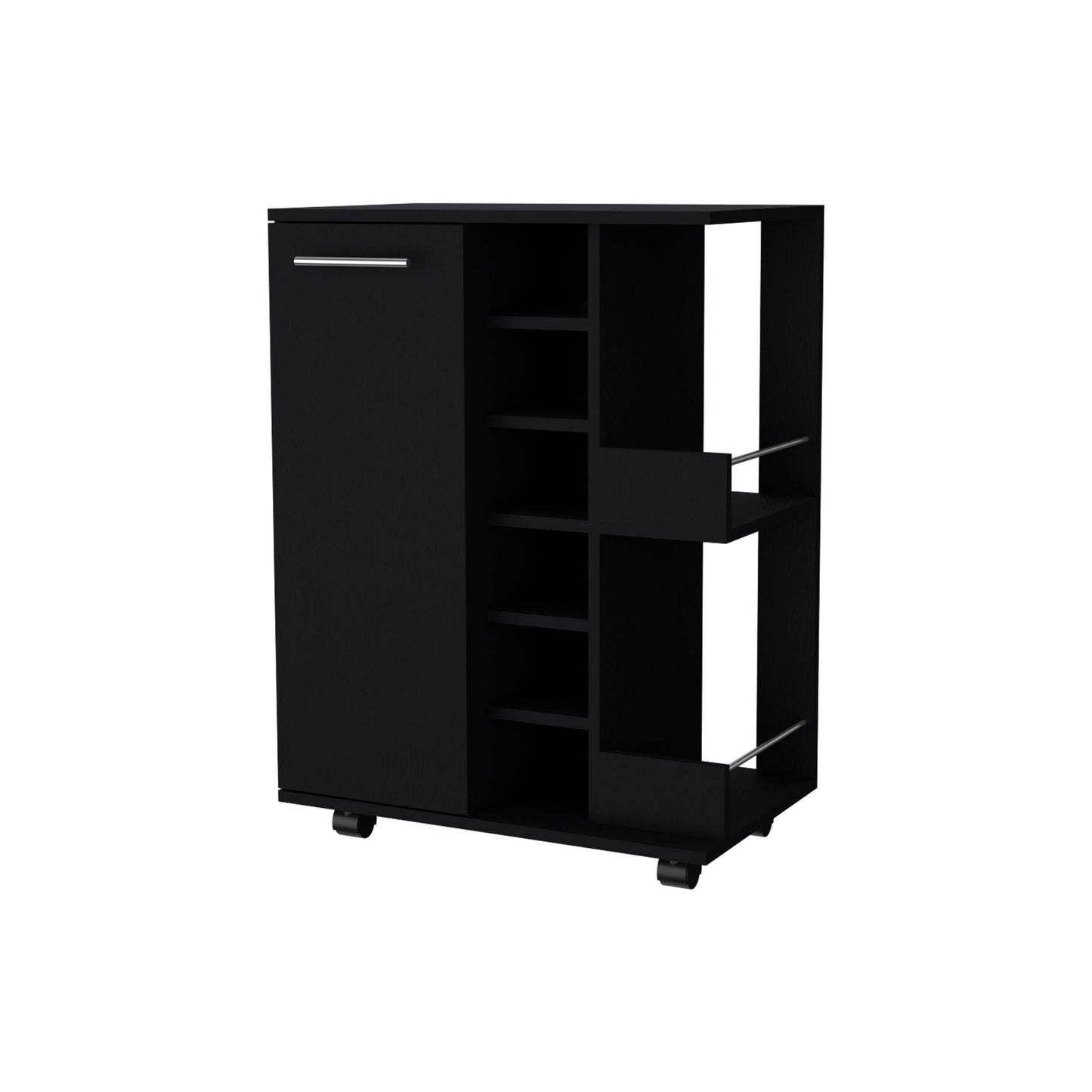 Black kitchen cart with open shelves and a cabinet door