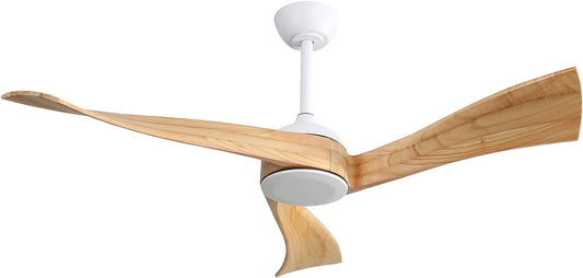 White ceiling fan with three curved natural wood blades and integrated light