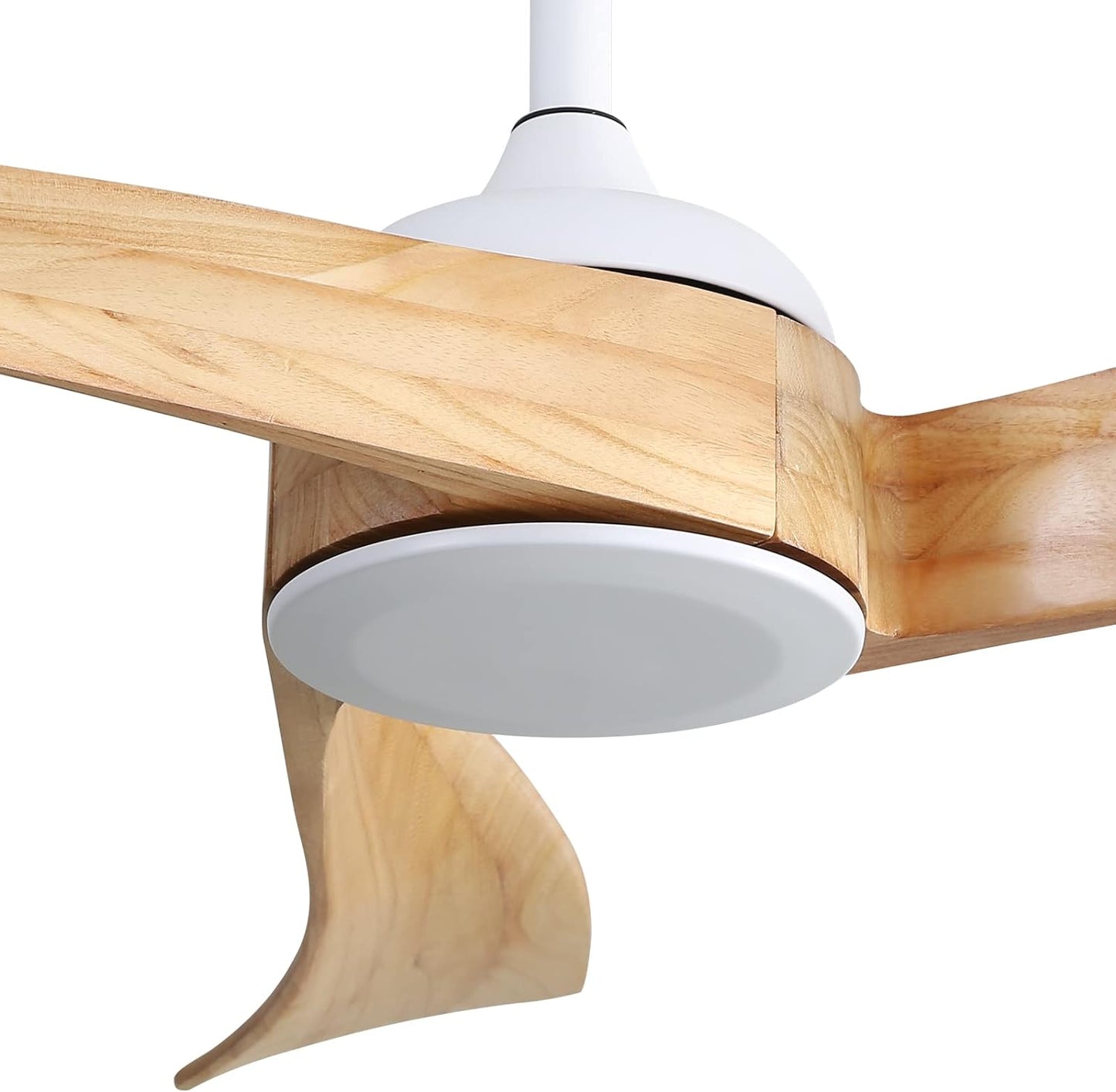 Modern white ceiling fan with natural wood blades and integrated light fixture