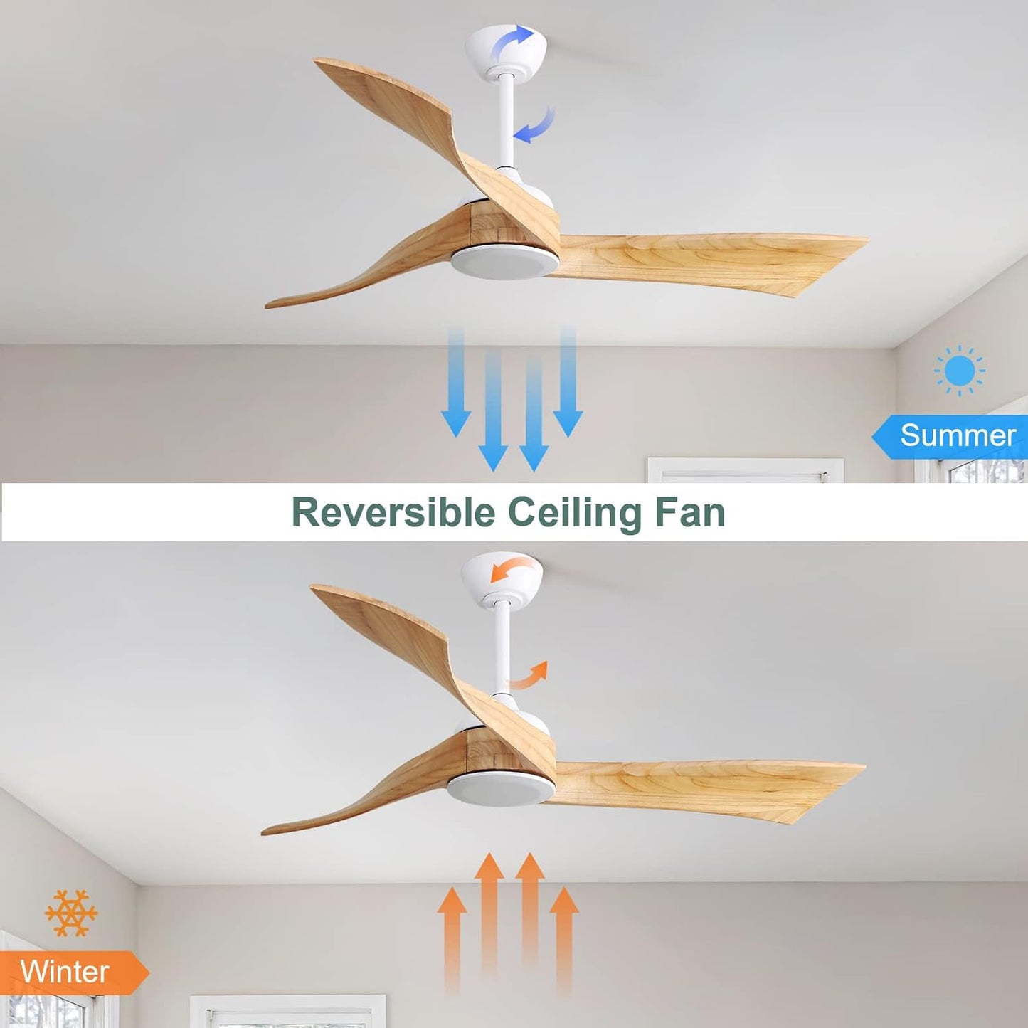 Modern reversible ceiling fan with natural wood blades designed for summer cooling