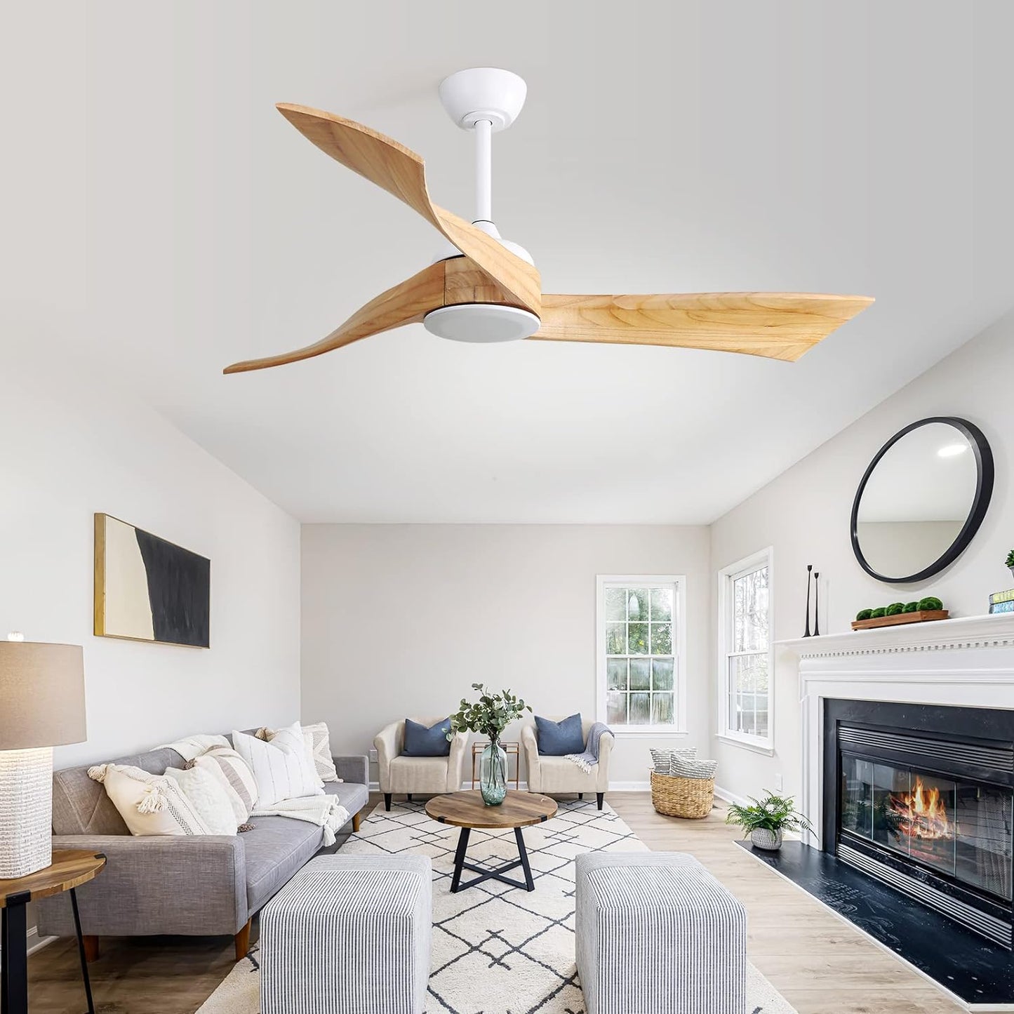 Modern inch wood ceiling fan with LED light  reversible blades and remote control for living rooms