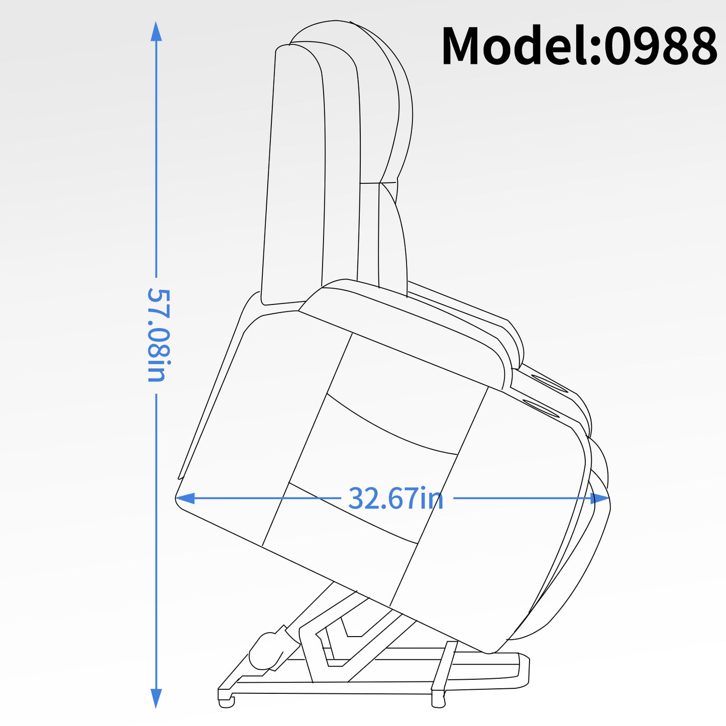 Outline drawing of a reclining massage chair model  showing dimensions