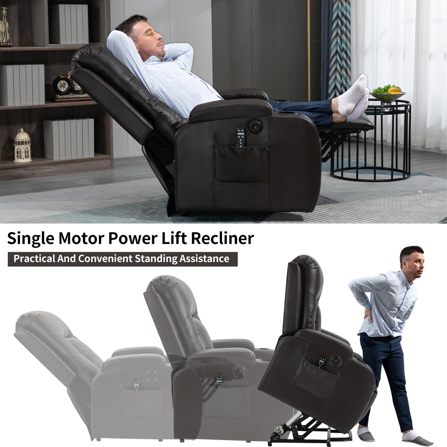 Brown leather single motor power lift recliner in a relaxed position