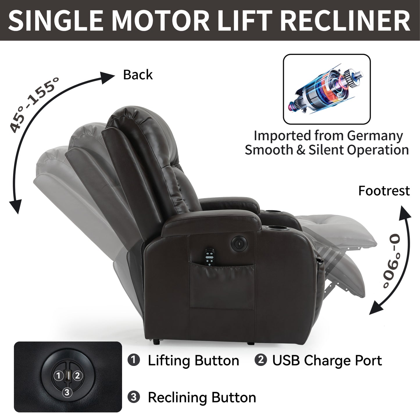 Brown leather single motor lift recliner chair with cup holders
