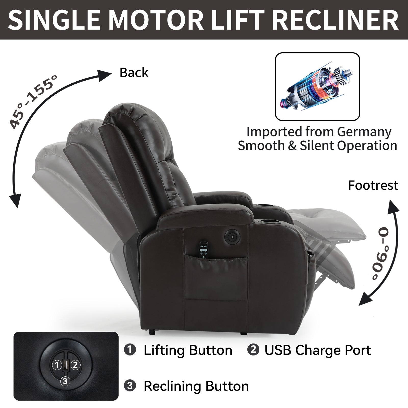 Brown leather single motor lift recliner chair with cup holders